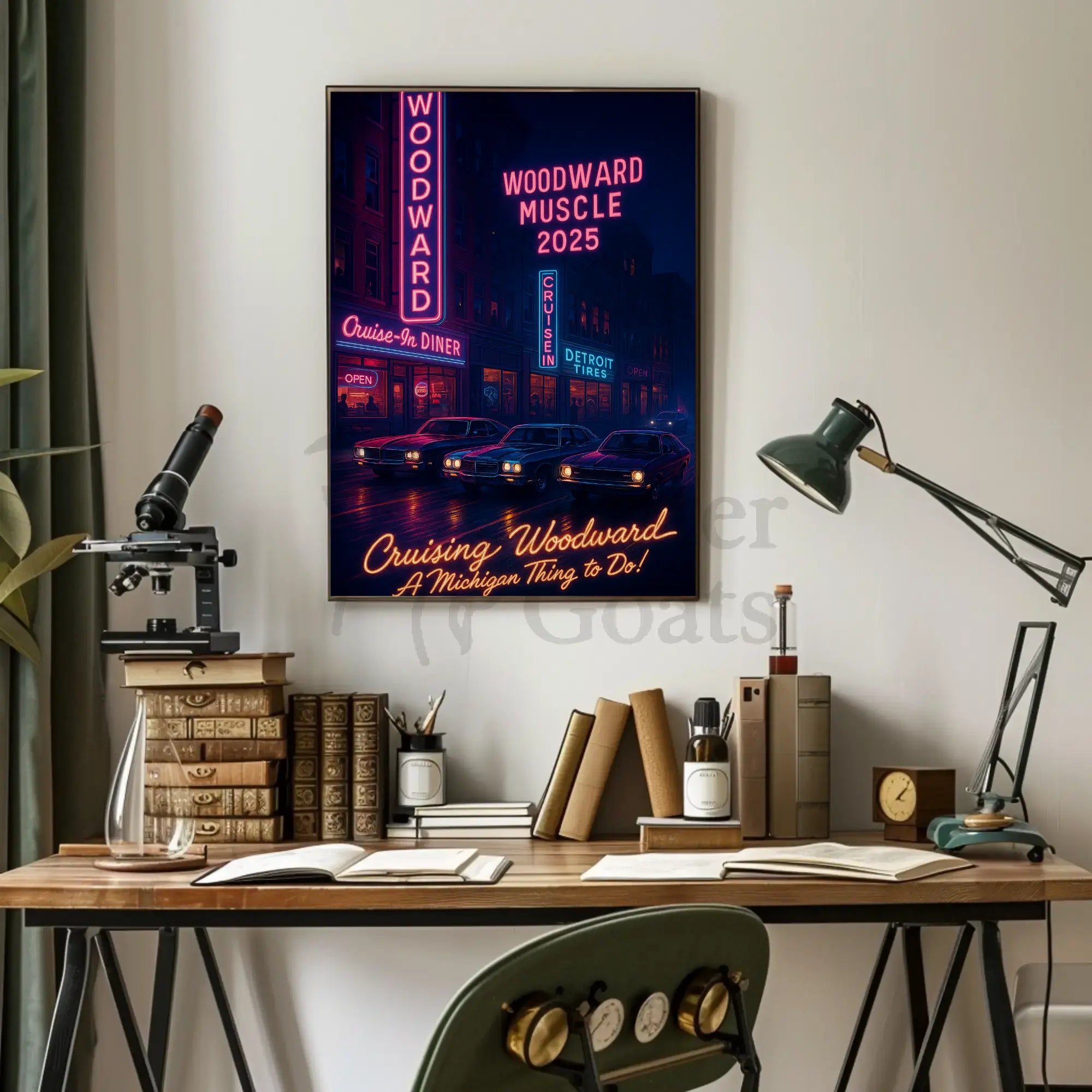 Cruising Woodward Avenue: Retro Neon Car Culture Poster PosterGoat