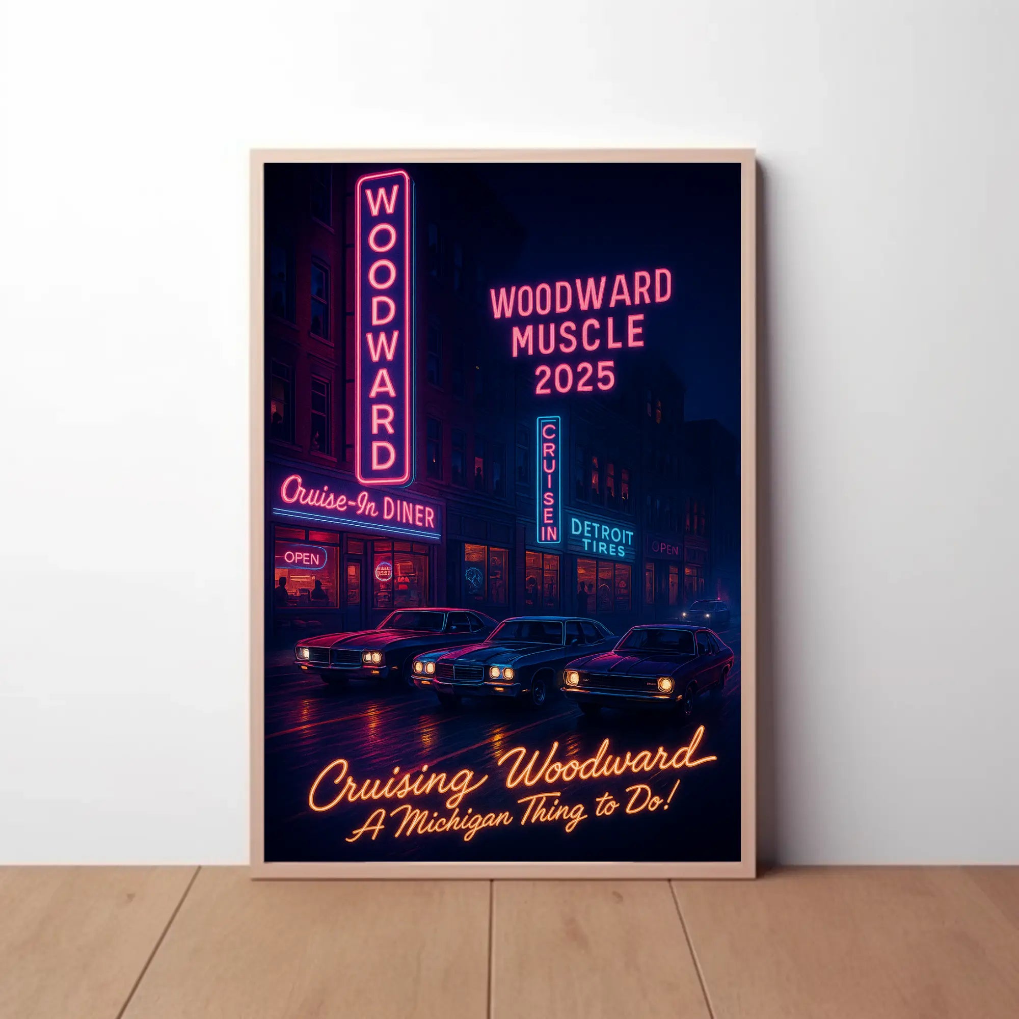 Cruising Woodward Avenue: Retro Neon Car Culture Poster PosterGoat