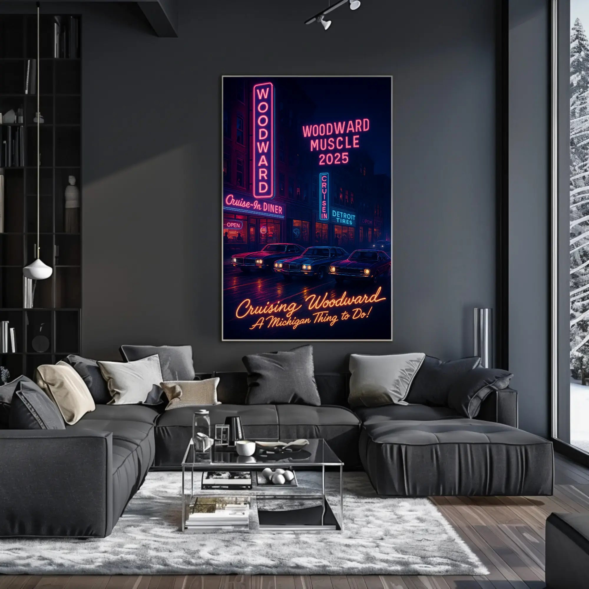 Cruising Woodward Avenue: Retro Neon Car Culture Poster PosterGoat