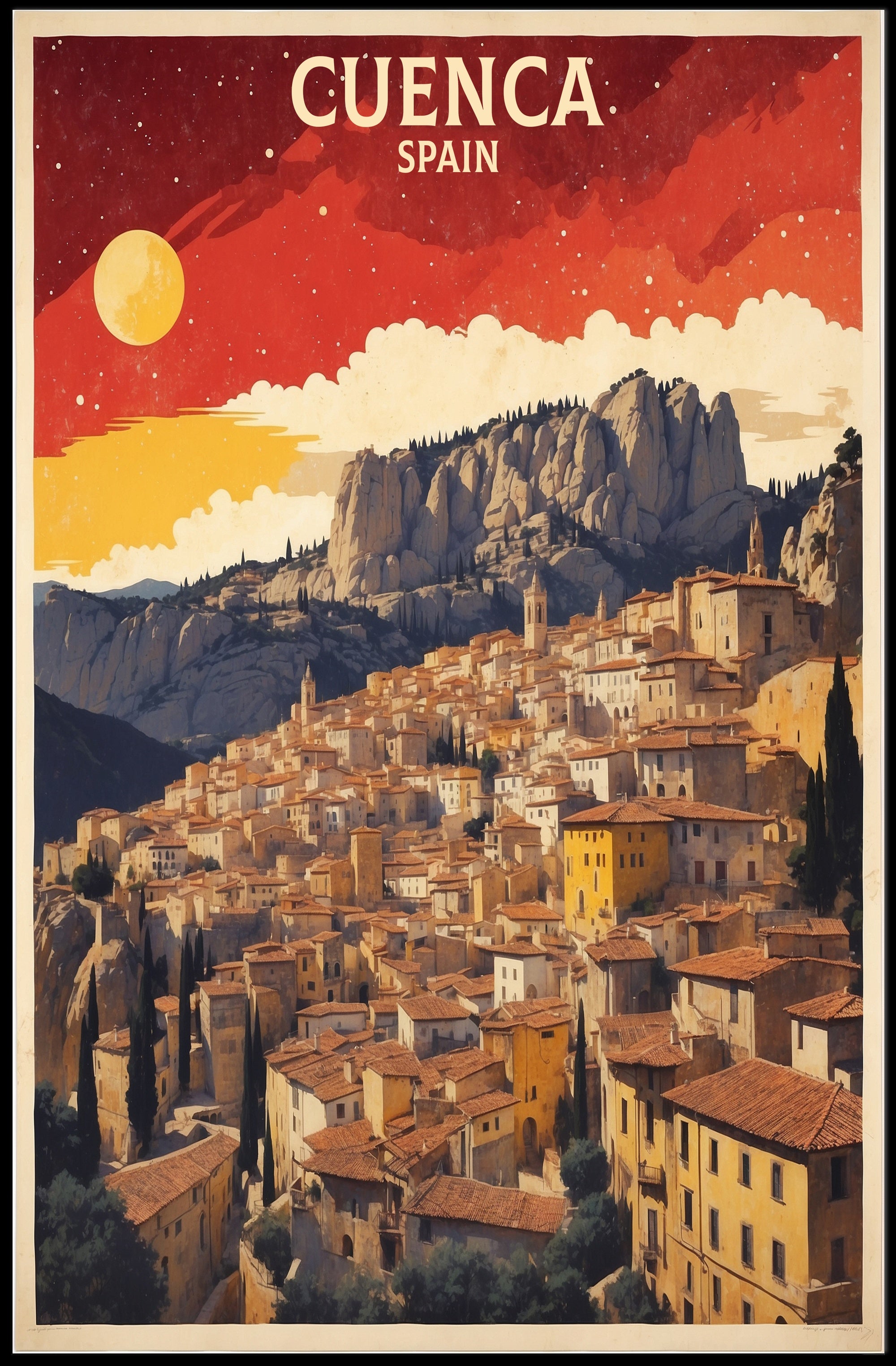Cuenca's Iconic Hanging Houses Travel Poster PosterGoat