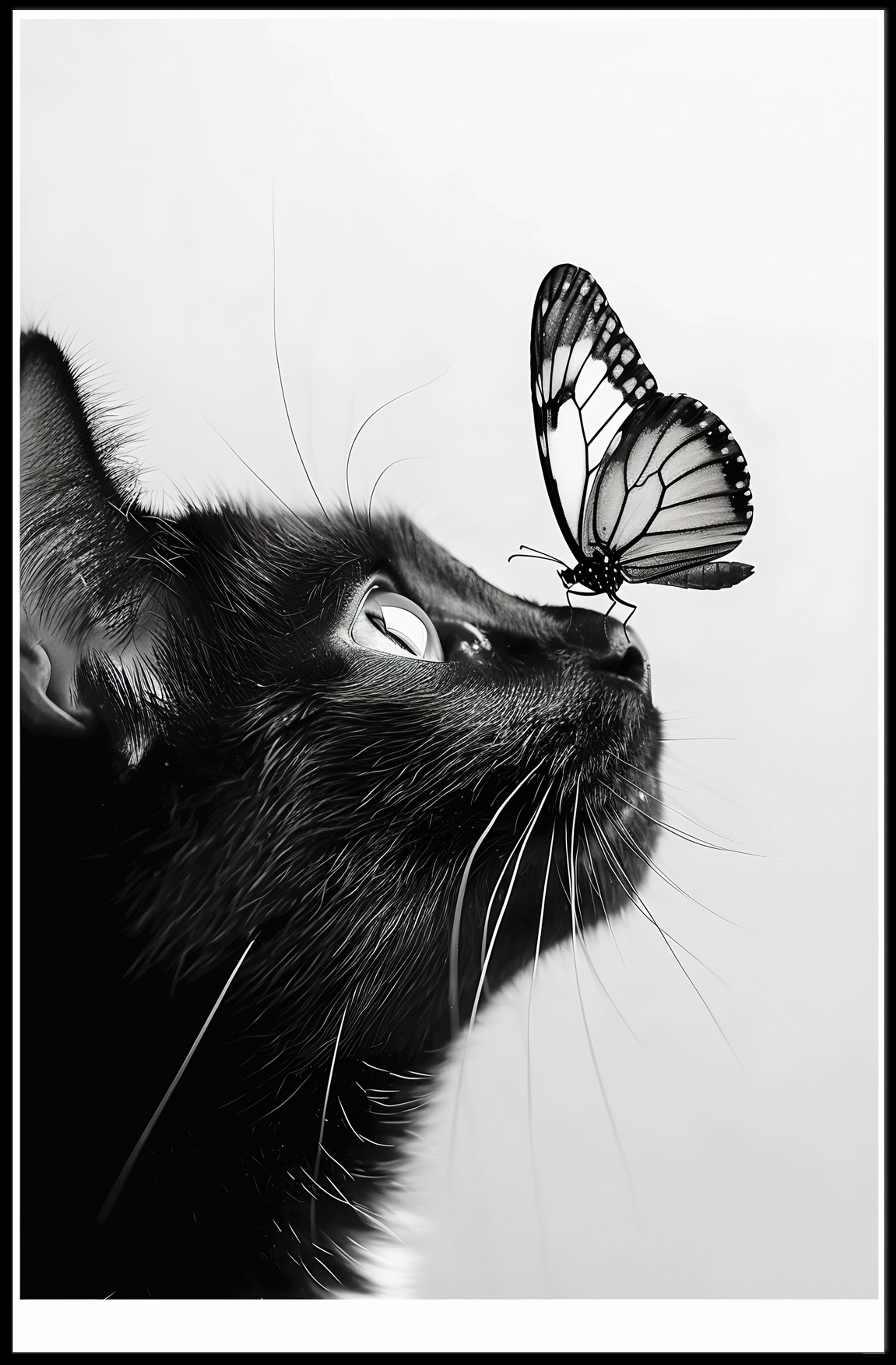 Curious Cat Meets Butterfly in Serene Animal Poster PosterGoat