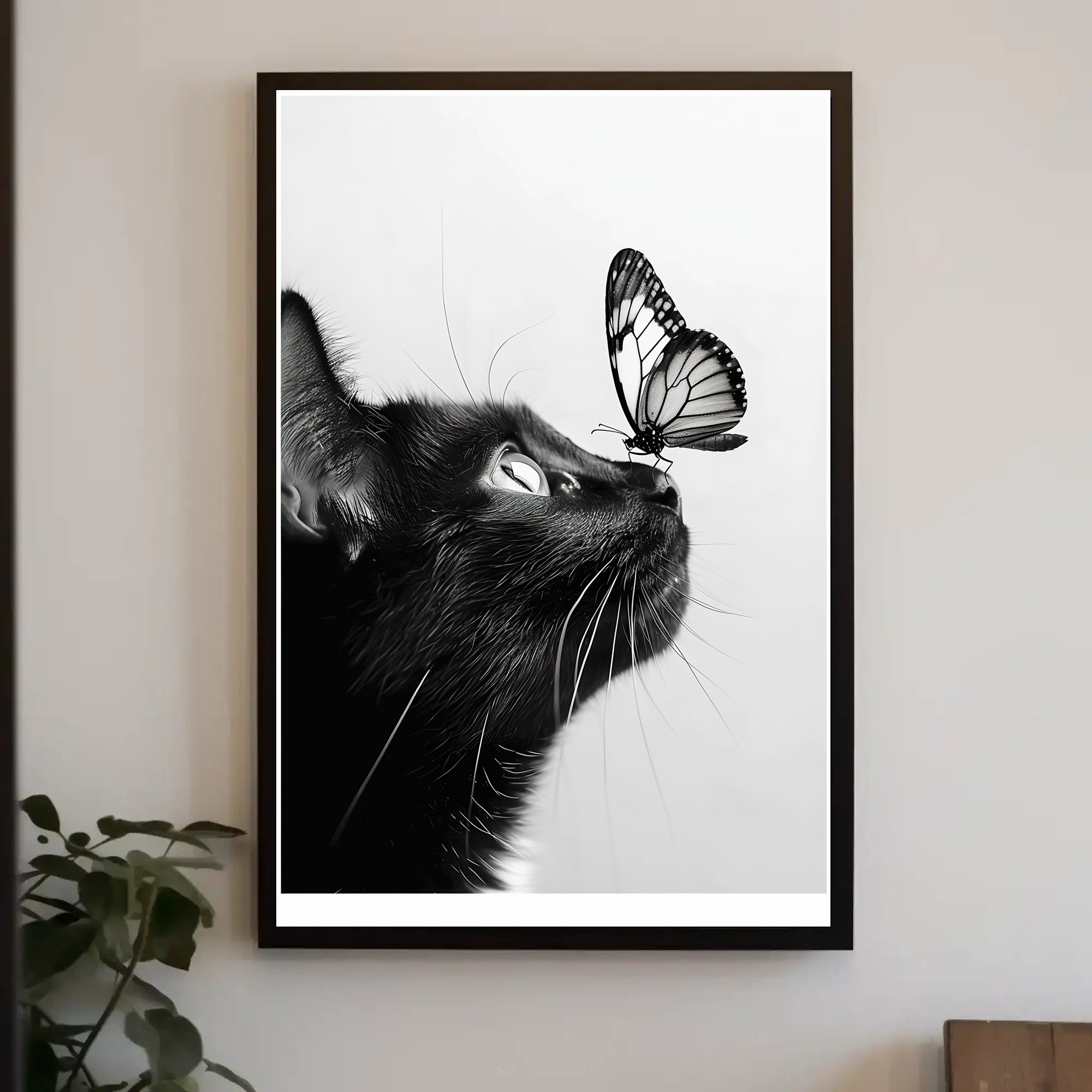 Curious Cat Meets Butterfly in Serene Animal Poster PosterGoat