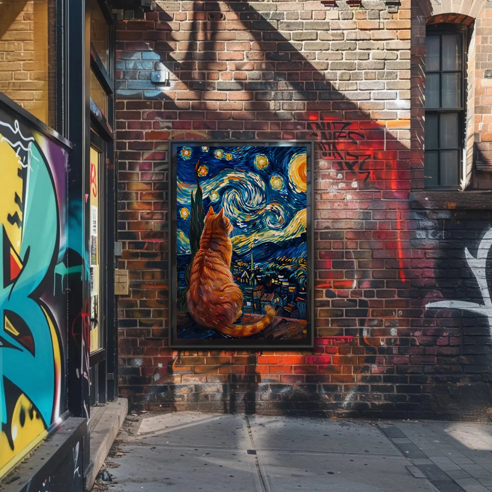 Curious Cat Under Starry Night Artistic Poster PosterGoat