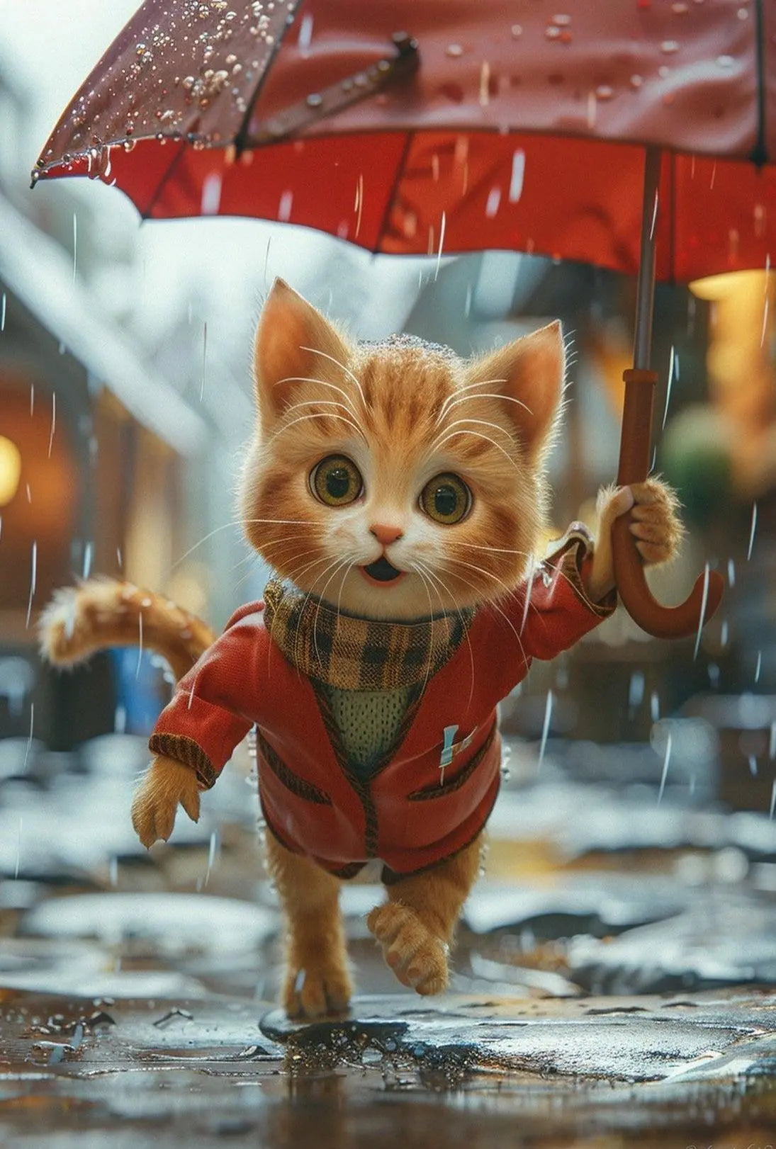 Cute Animated Kitten Leaping Through Rain Animal Poster PosterGoat