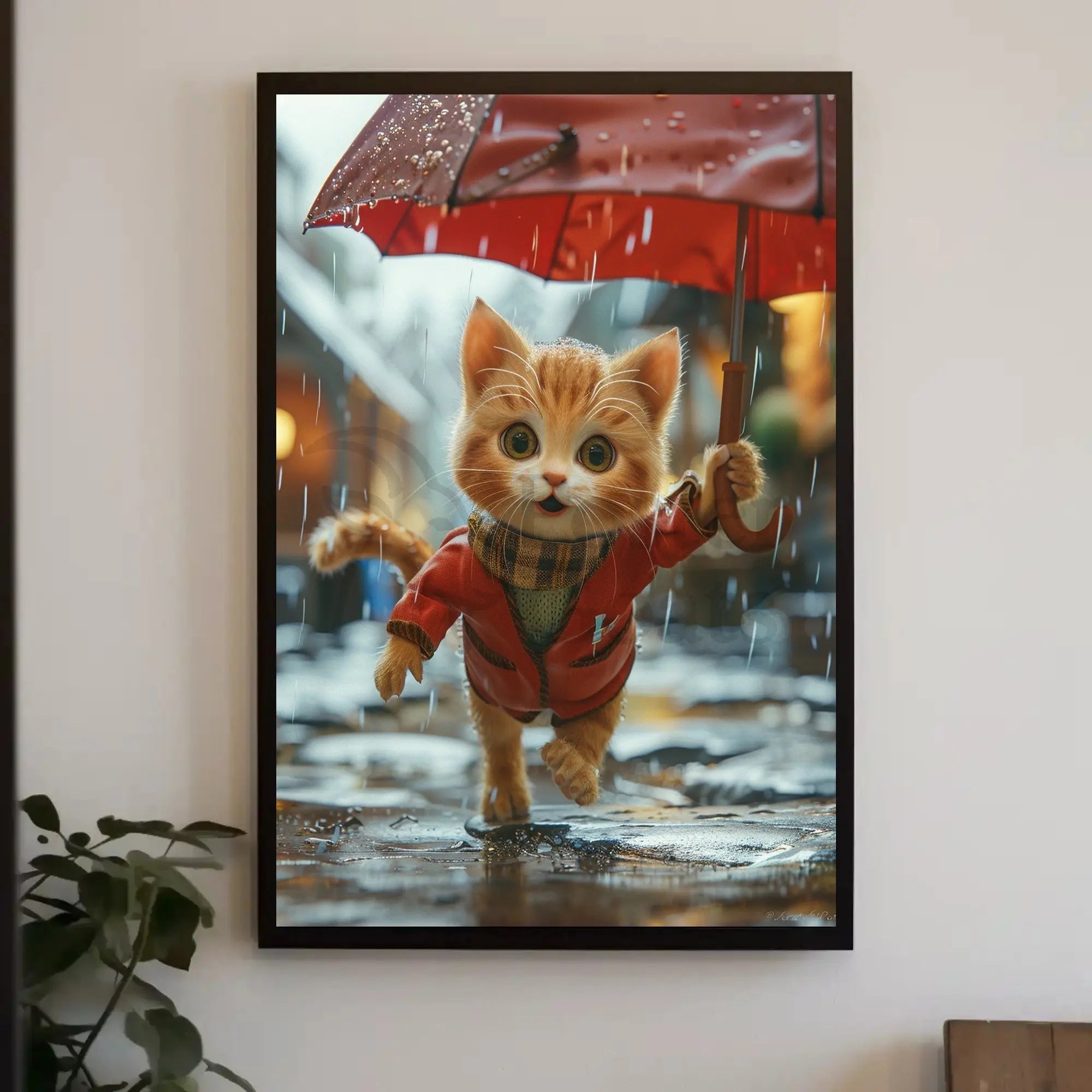 Cute Animated Kitten Leaping Through Rain Animal Poster PosterGoat