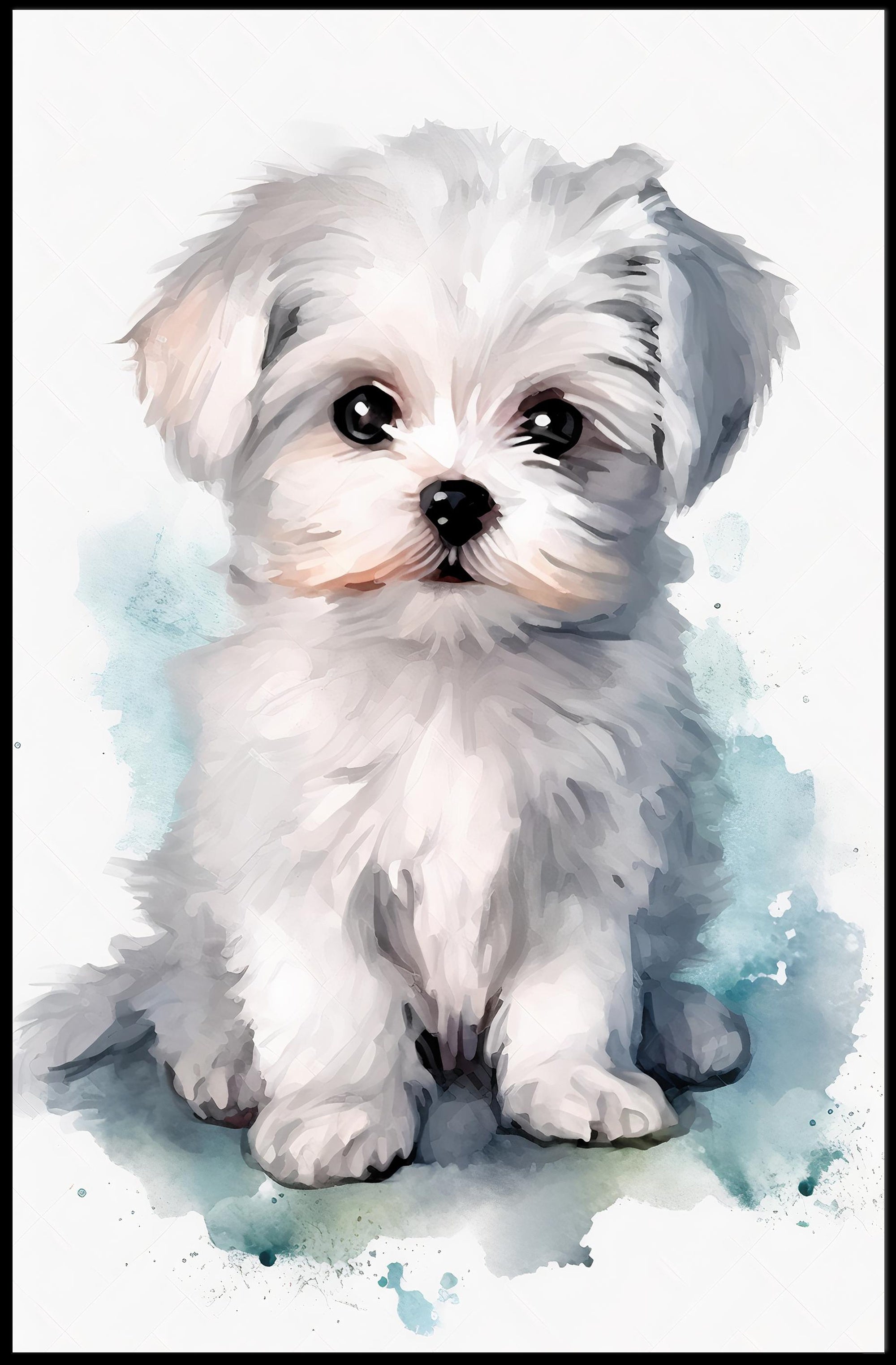 Cute Fluffy White Puppy Watercolor Illustration Dog Breed Poster PosterGoat