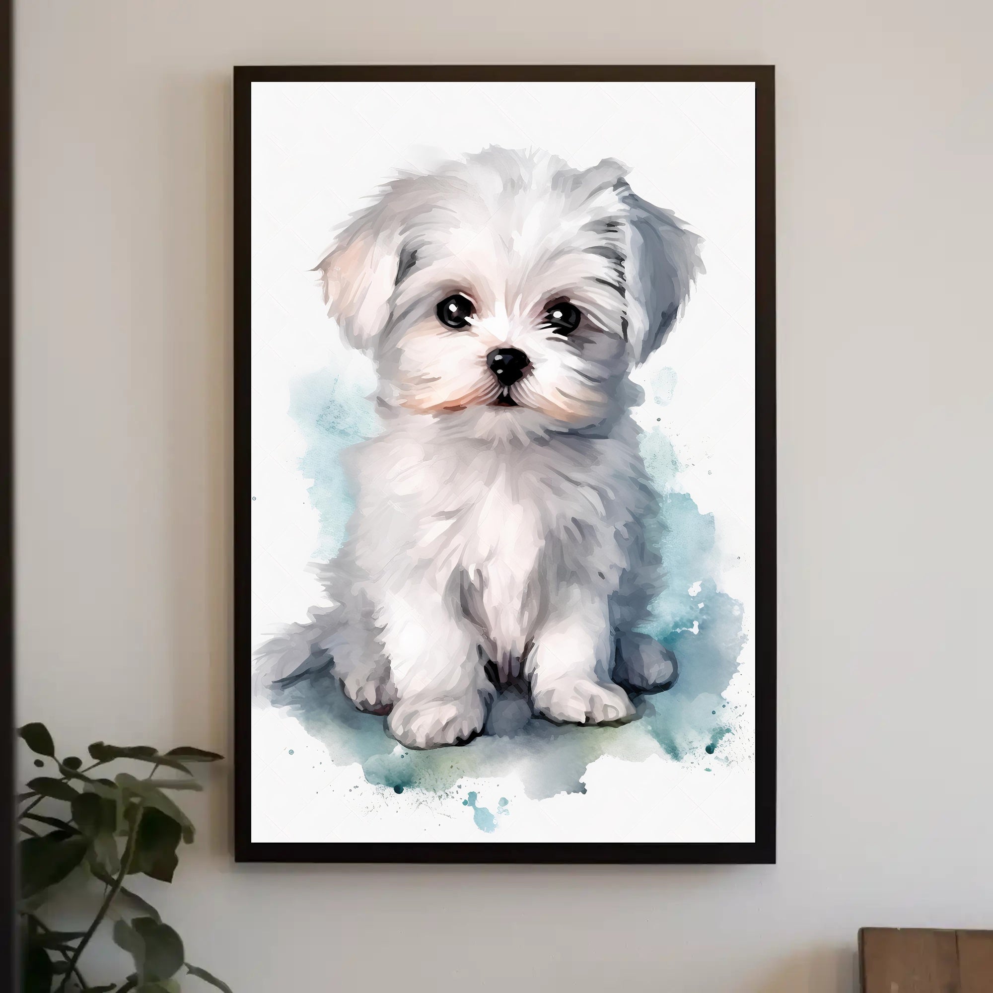 Cute Fluffy White Puppy Watercolor Illustration Dog Breed Poster PosterGoat