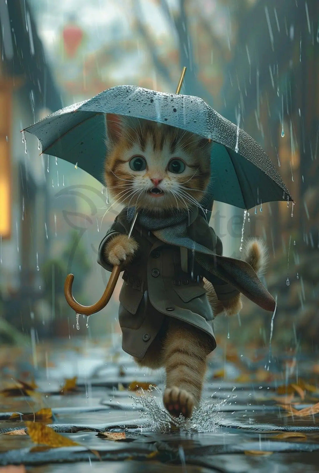 Cute Kitten Rainy Day Adventure Animal Poster PosterGoat
