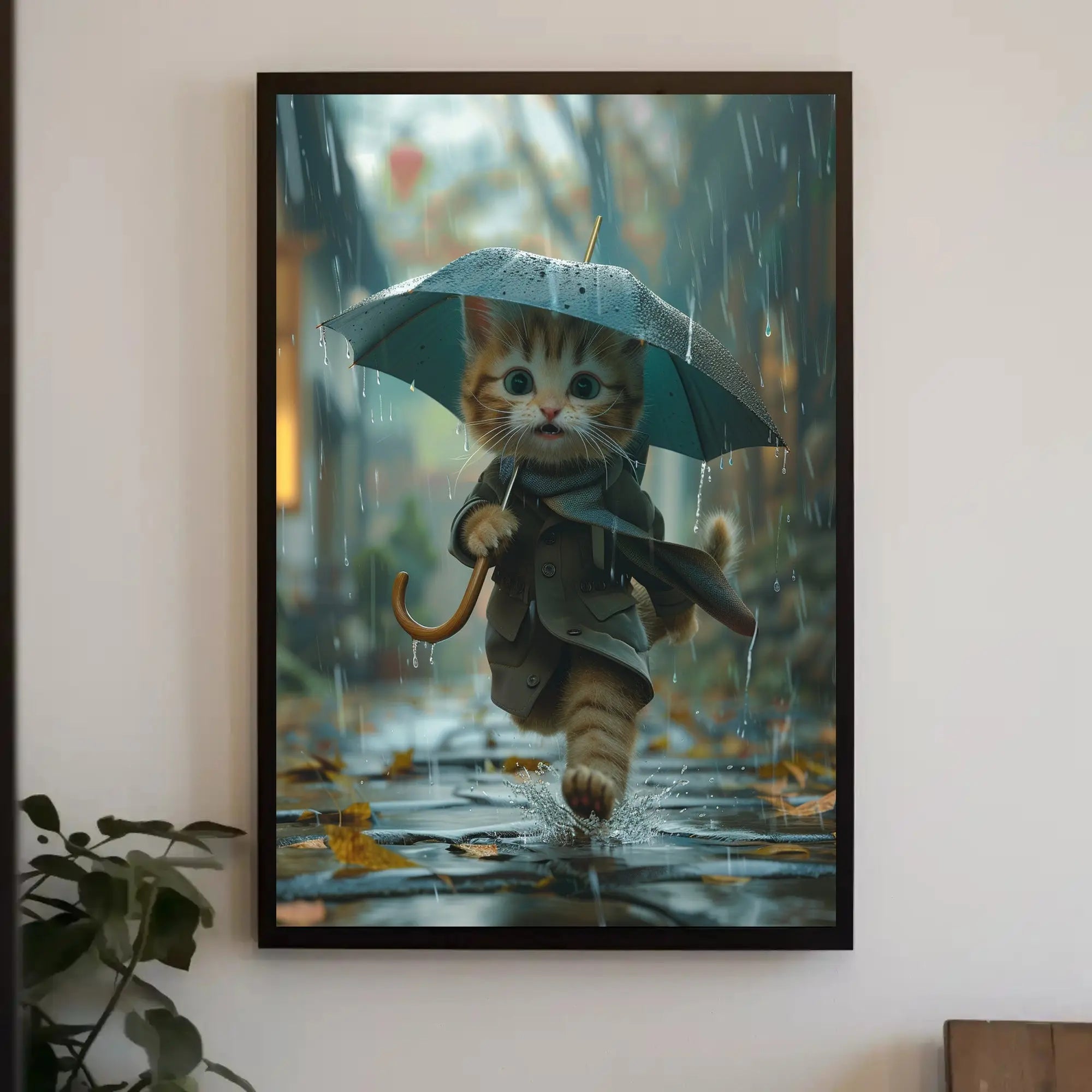 Cute Kitten Rainy Day Adventure Animal Poster PosterGoat