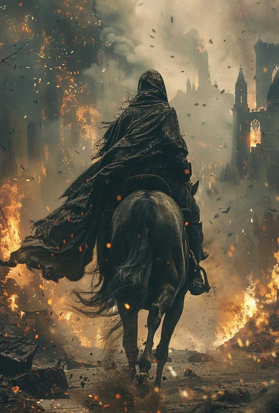Dark Cloaked Rider Amidst Fiery Chaos - Artistic Poster PosterGoat