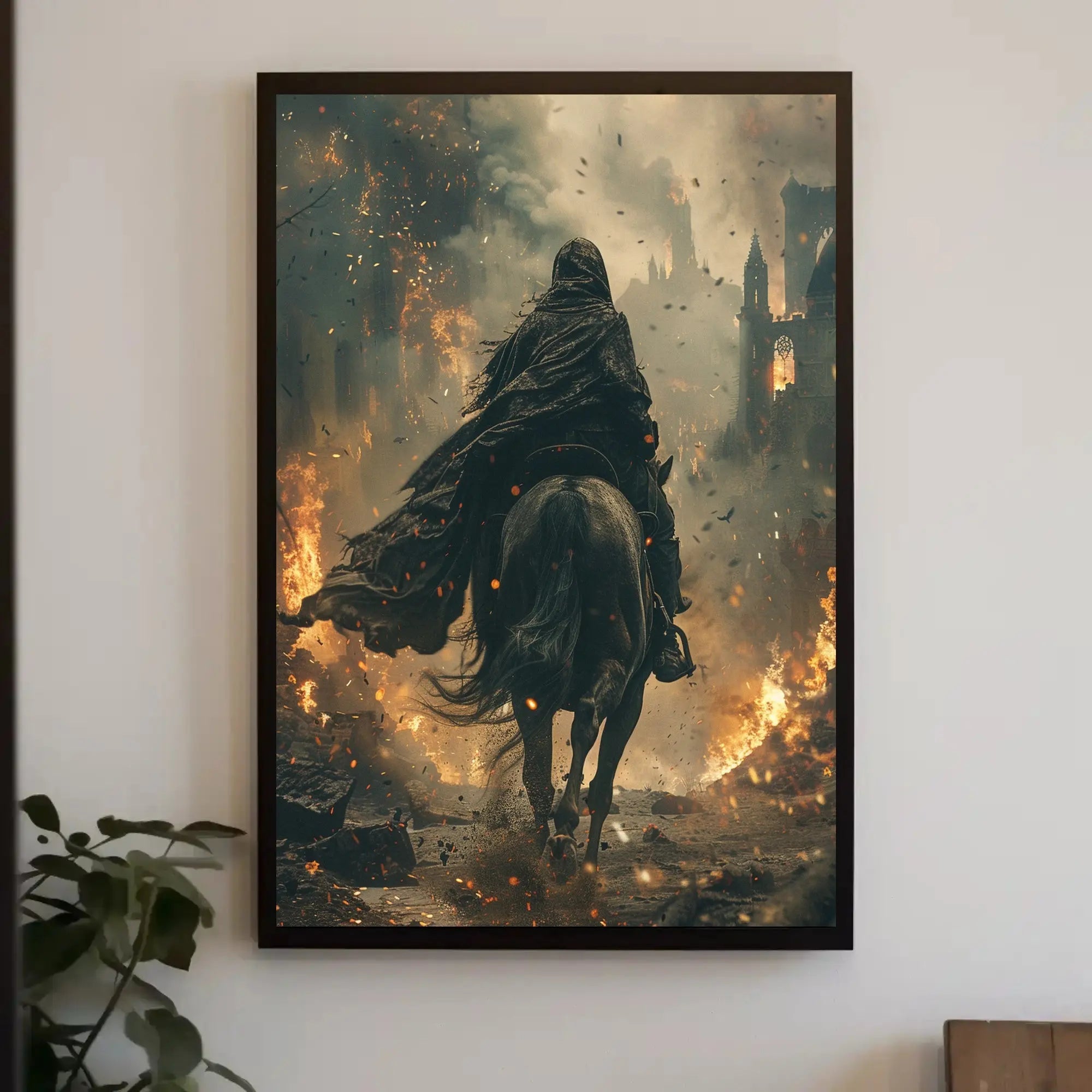 Dark Cloaked Rider Amidst Fiery Chaos - Artistic Poster PosterGoat