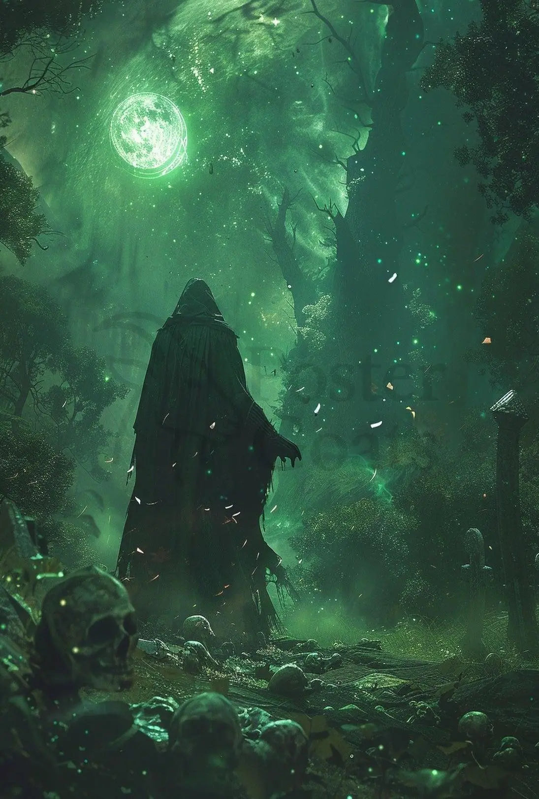 Dark Fantasy Cloaked Figure Forest Scene Artistic Poster PosterGoat