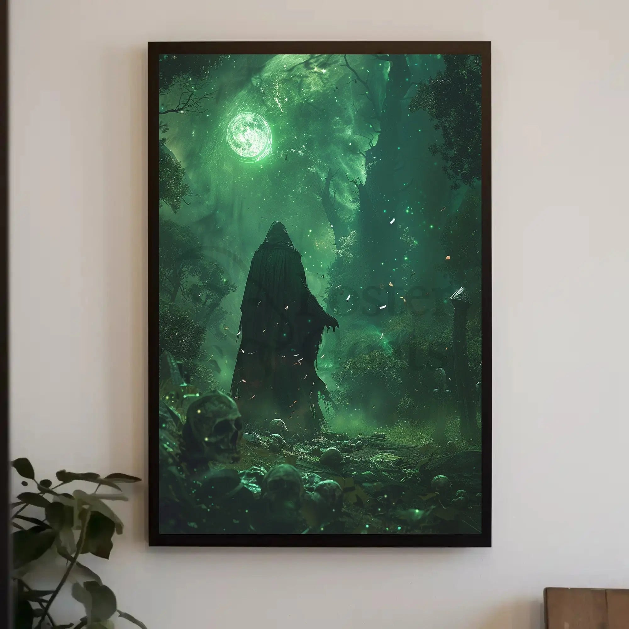 Dark Fantasy Cloaked Figure Forest Scene Artistic Poster PosterGoat