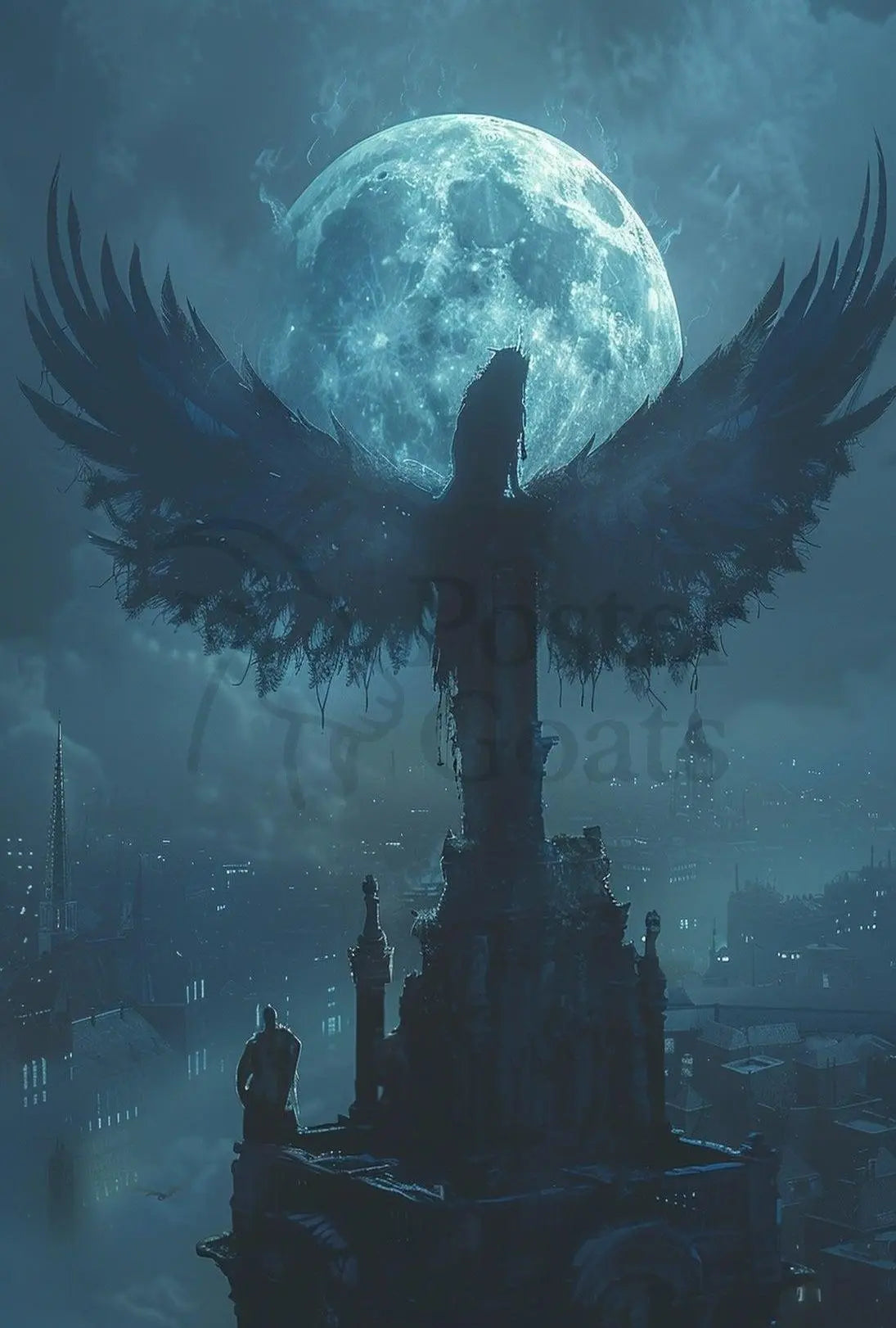 Dark Gothic Cityscape with Angelic Silhouette Artistic Poster PosterGoat