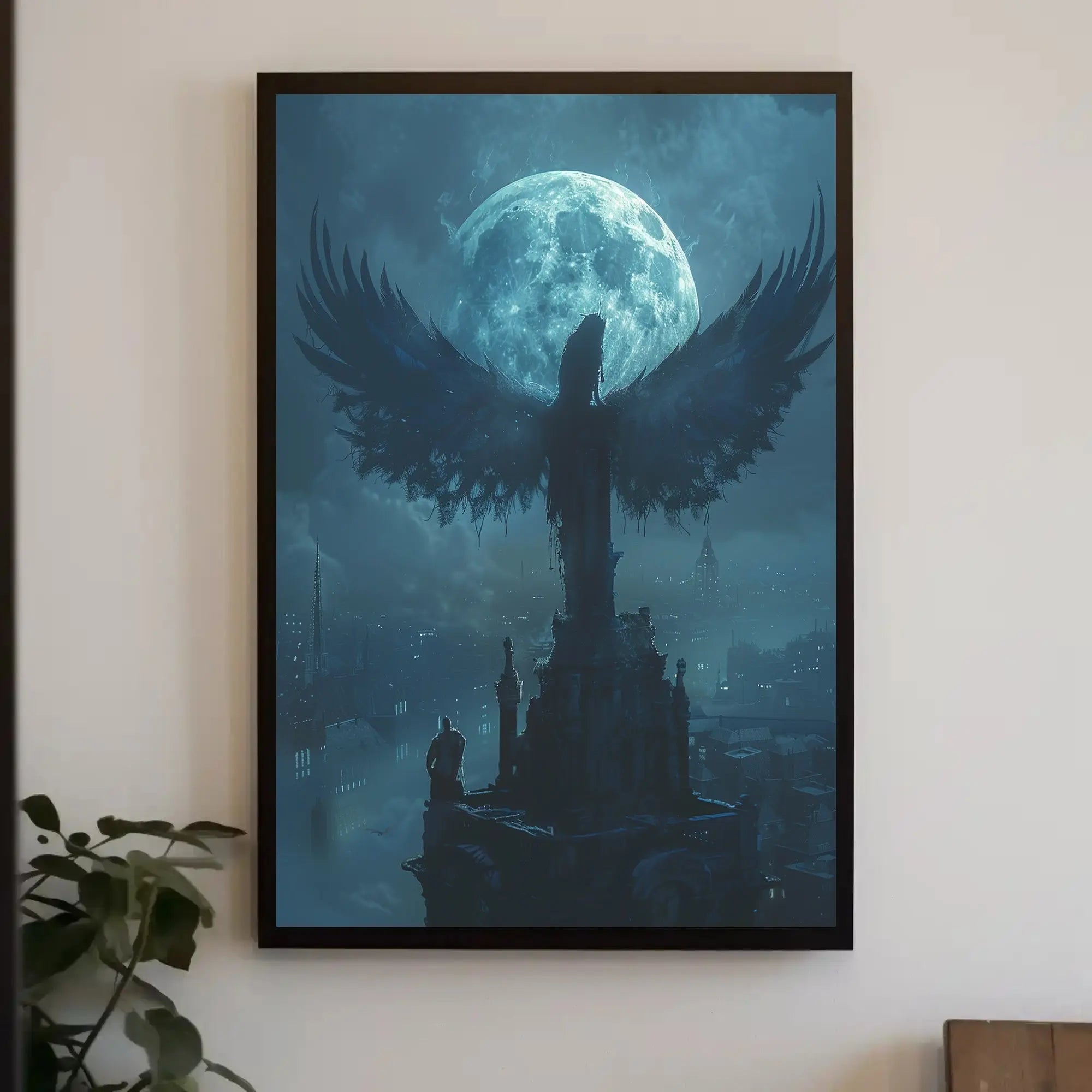 Dark Gothic Cityscape with Angelic Silhouette Artistic Poster PosterGoat