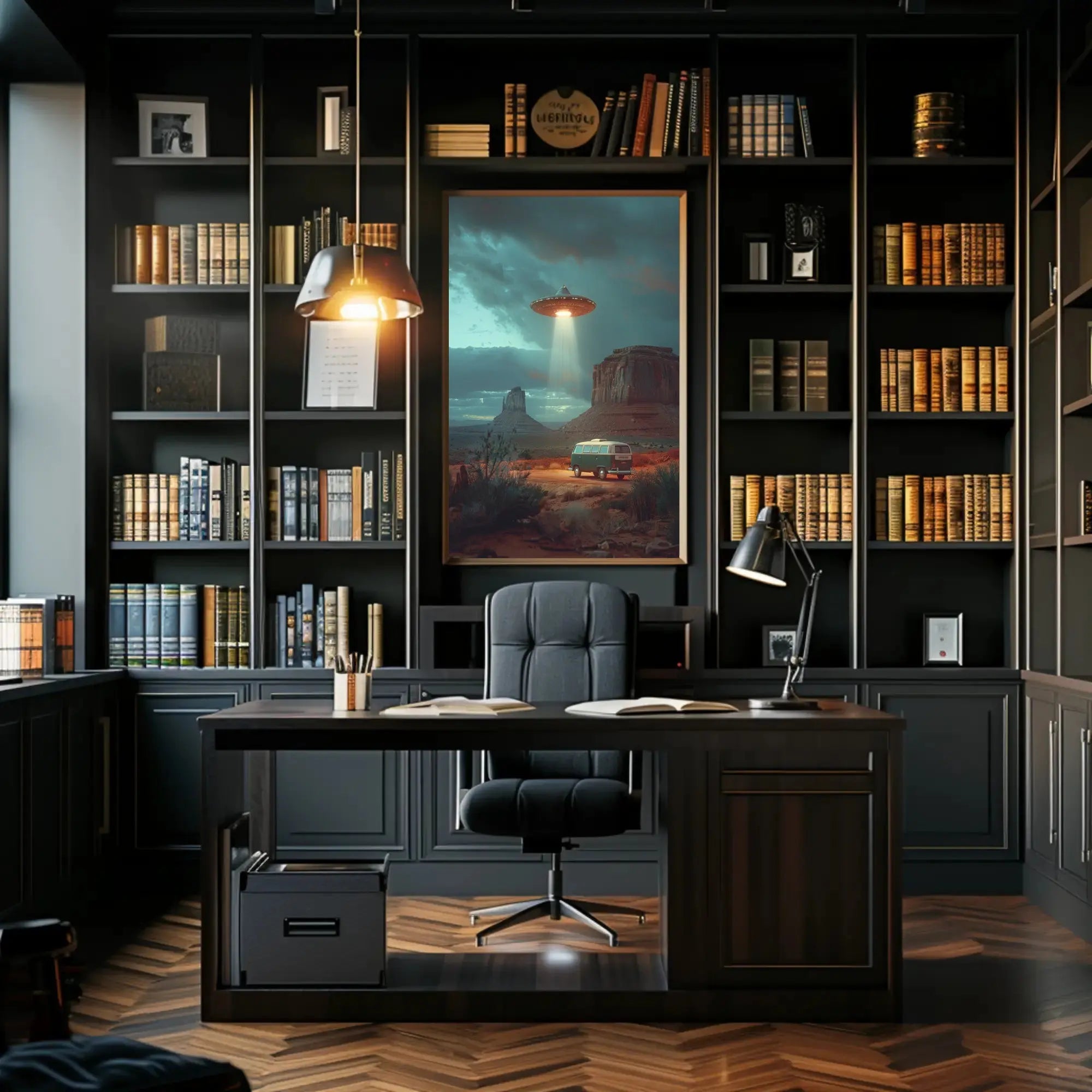 Desert UFO Encounter Futuristic Sci-Fi Poster PosterGoat