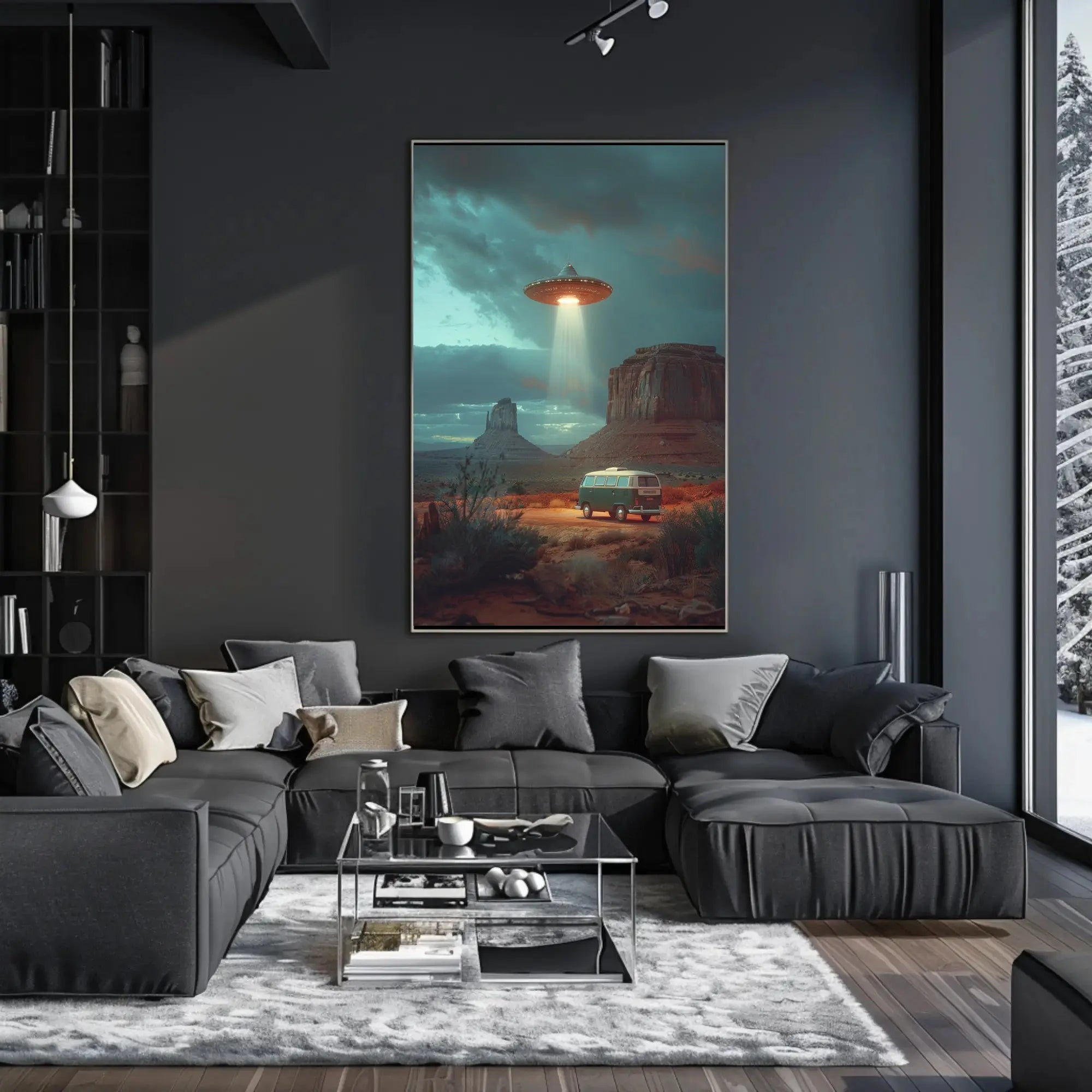 Desert UFO Encounter Futuristic Sci-Fi Poster PosterGoat