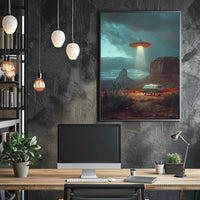 Desert UFO Encounter Futuristic Sci-Fi Poster PosterGoat