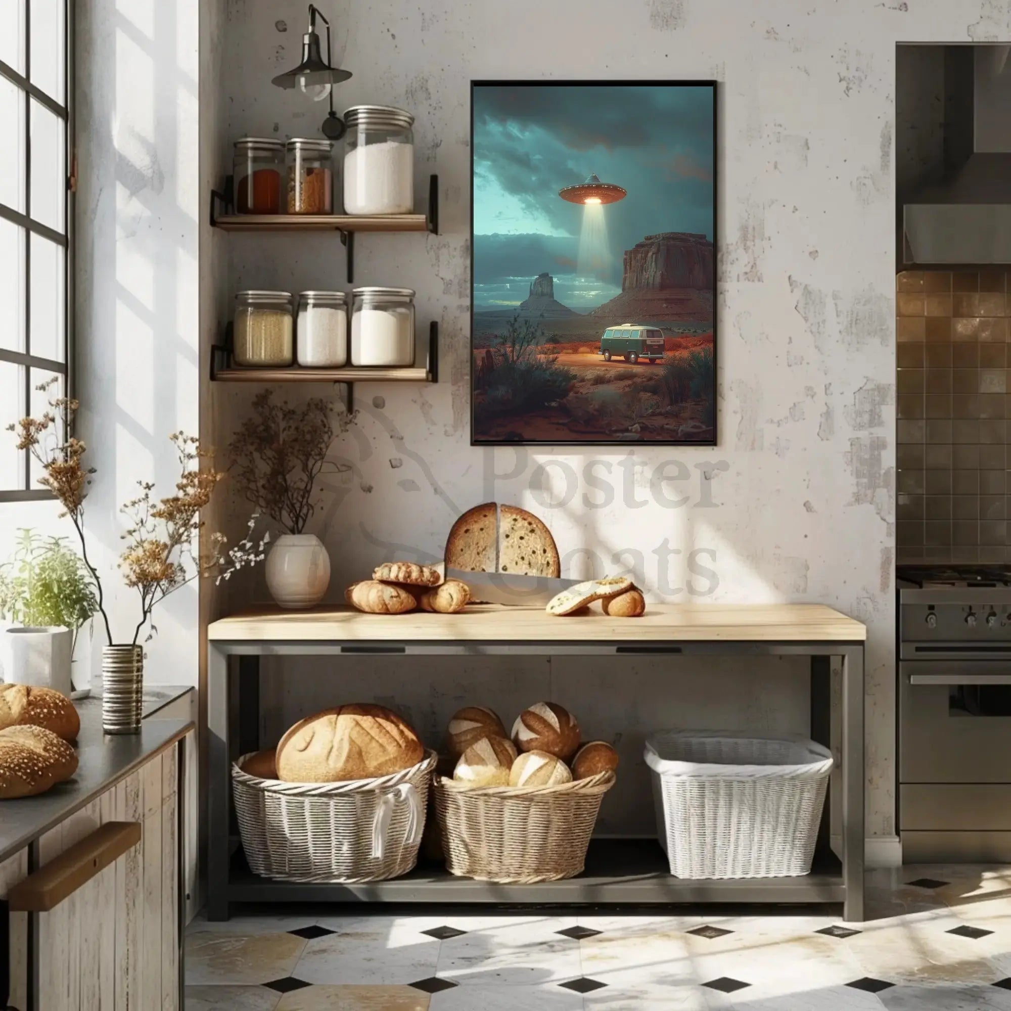 Desert UFO Encounter Futuristic Sci-Fi Poster PosterGoat