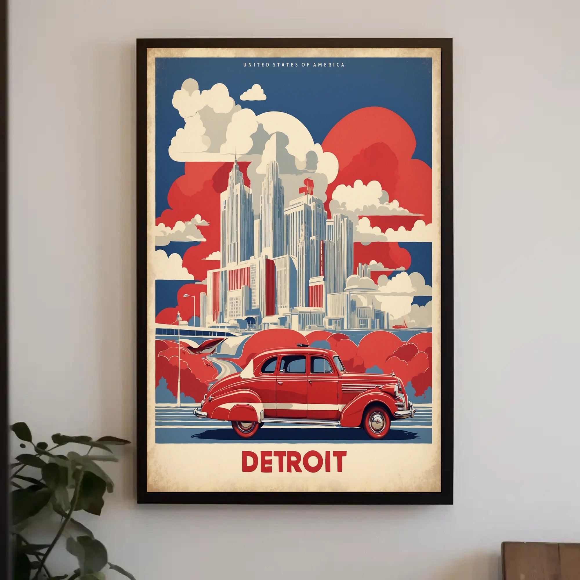 Detroit Skyline Retro Car Urban Cityscape Poster PosterGoat