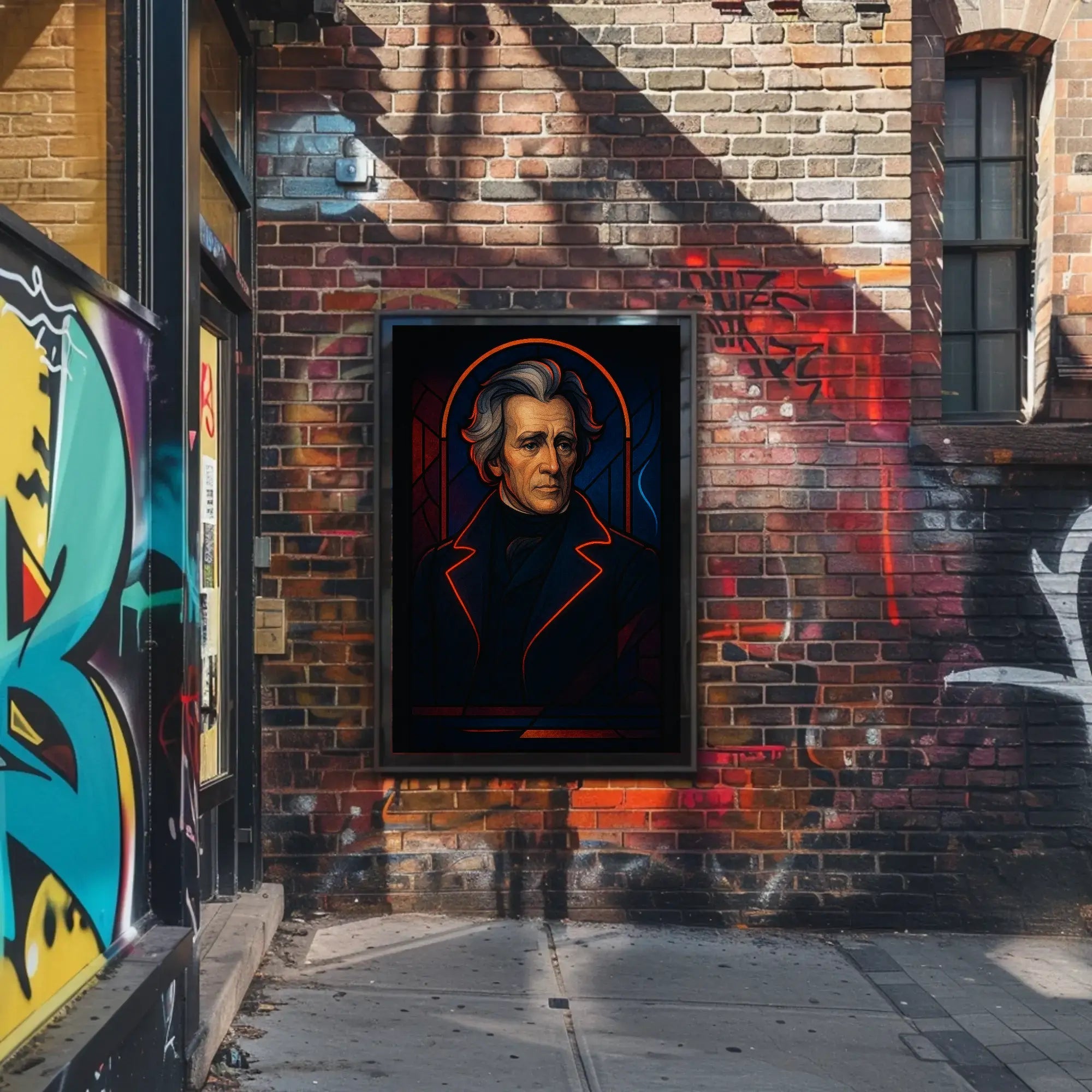 Dignified Historical Figure in Stained-Glass Artistic Poster PosterGoat