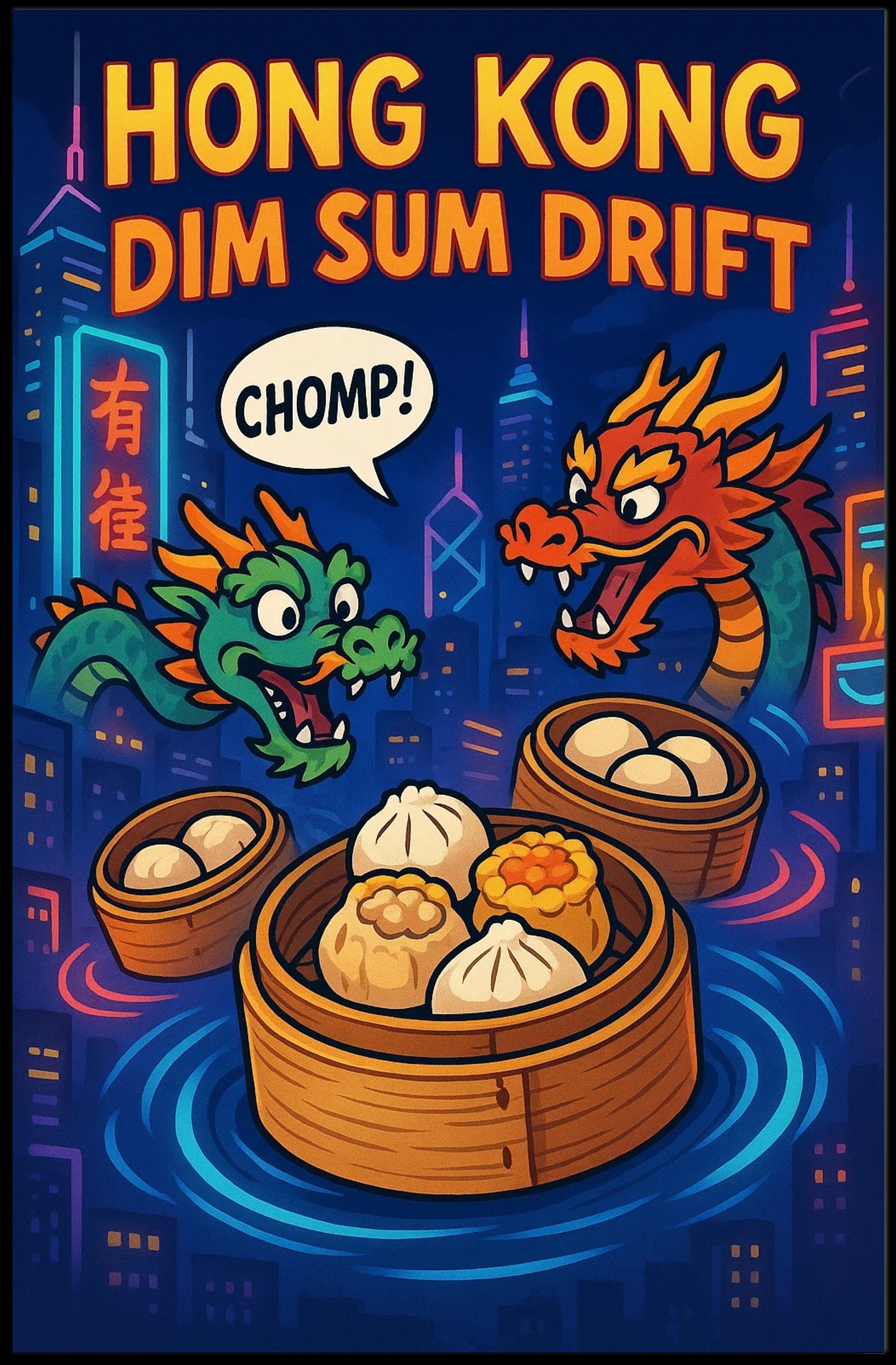 Dim Sum Drift Dragons: Colorful Hong Kong Travel Poster PosterGoat