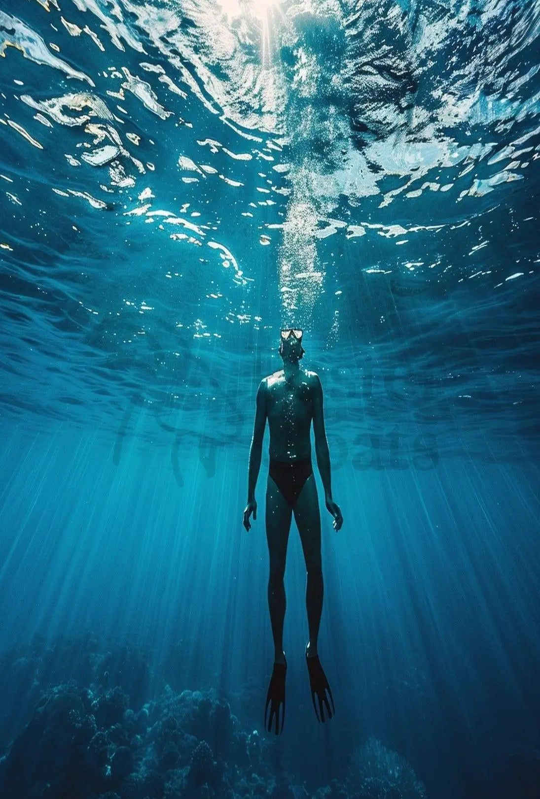 Diver's Solitude Underwater Scene - Abstract, Artistic Poster PosterGoat