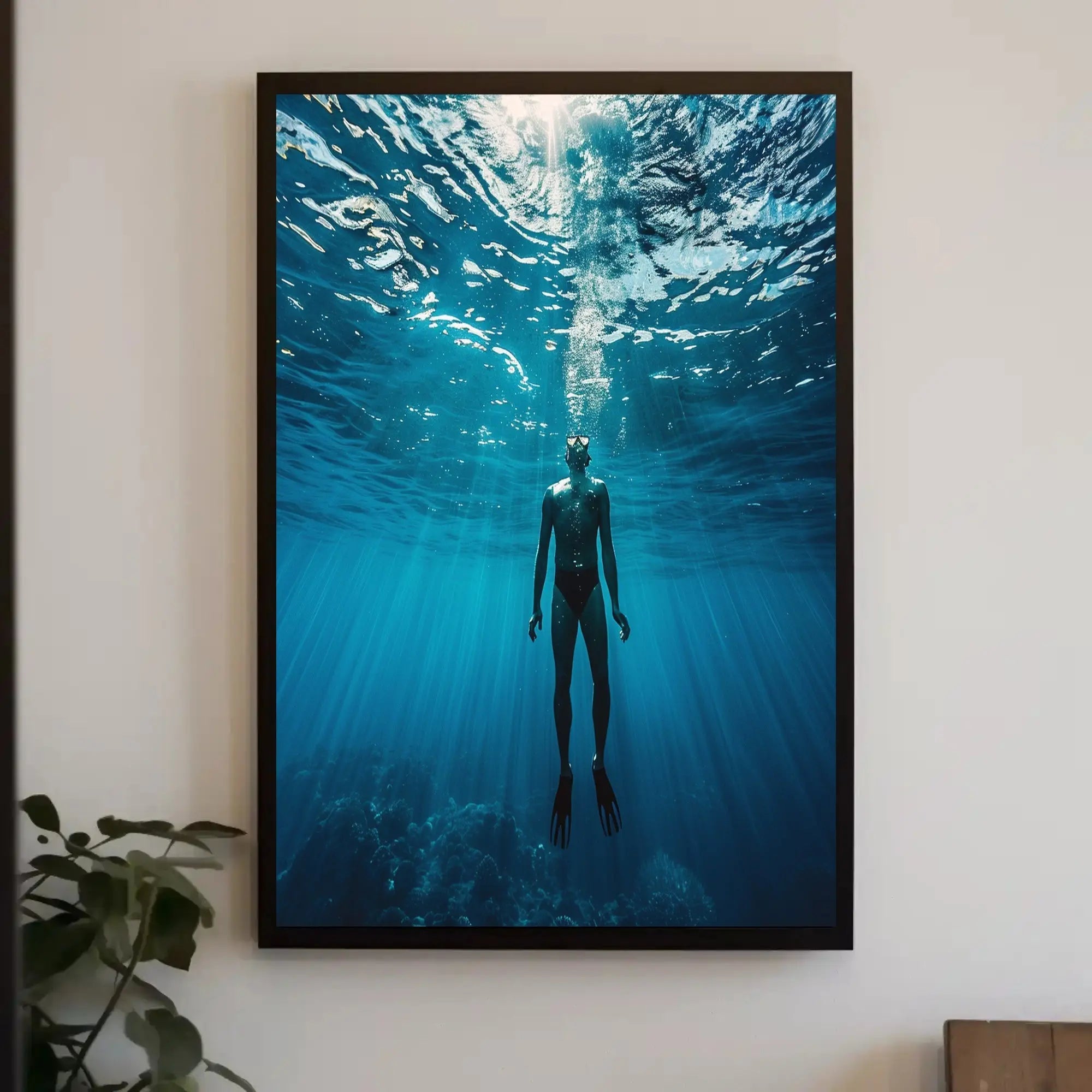Diver's Solitude Underwater Scene - Abstract, Artistic Poster PosterGoat