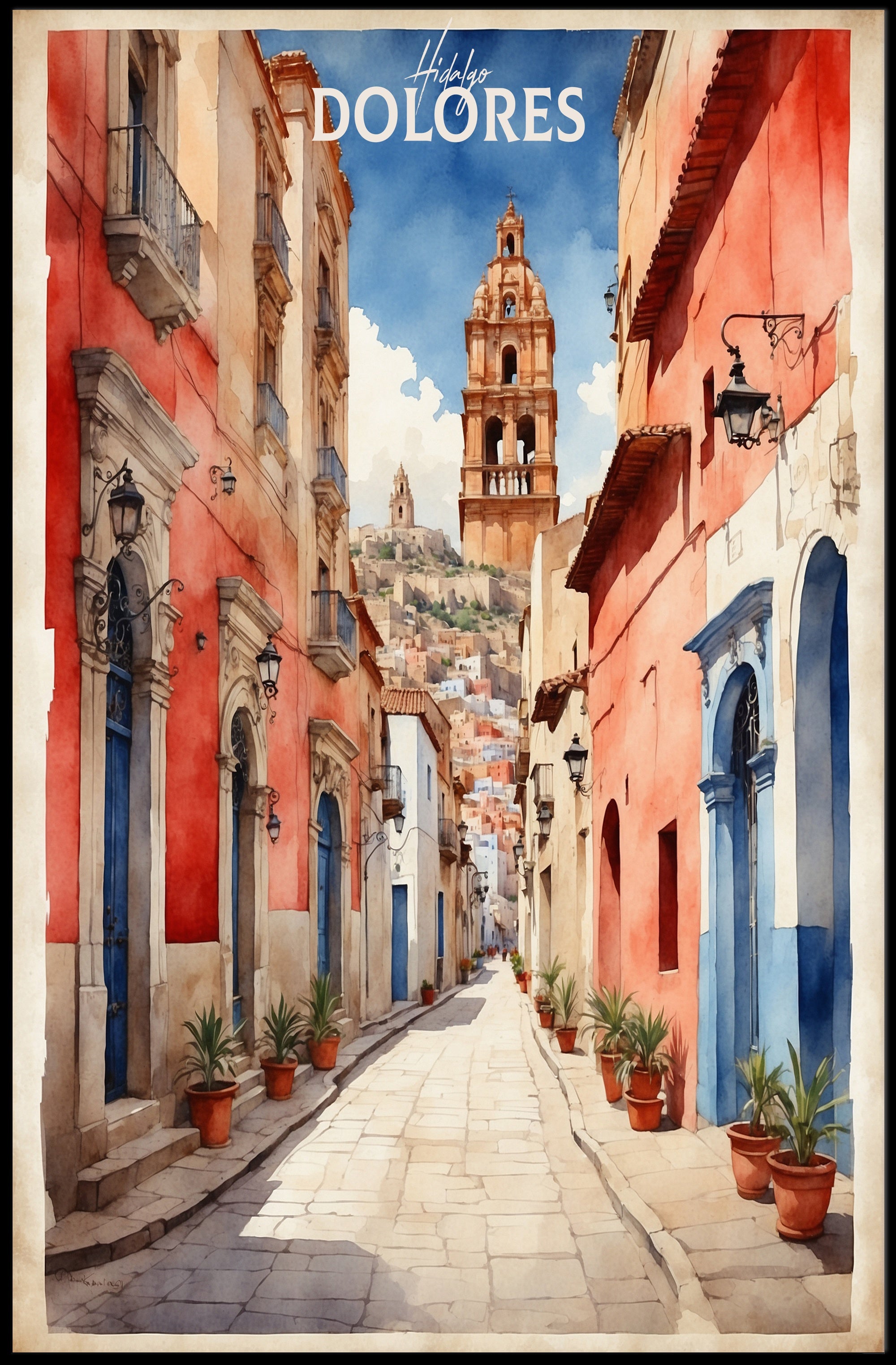 Dolores Hidalgo Watercolor Street Art Urban or Cityscape Poster PosterGoat