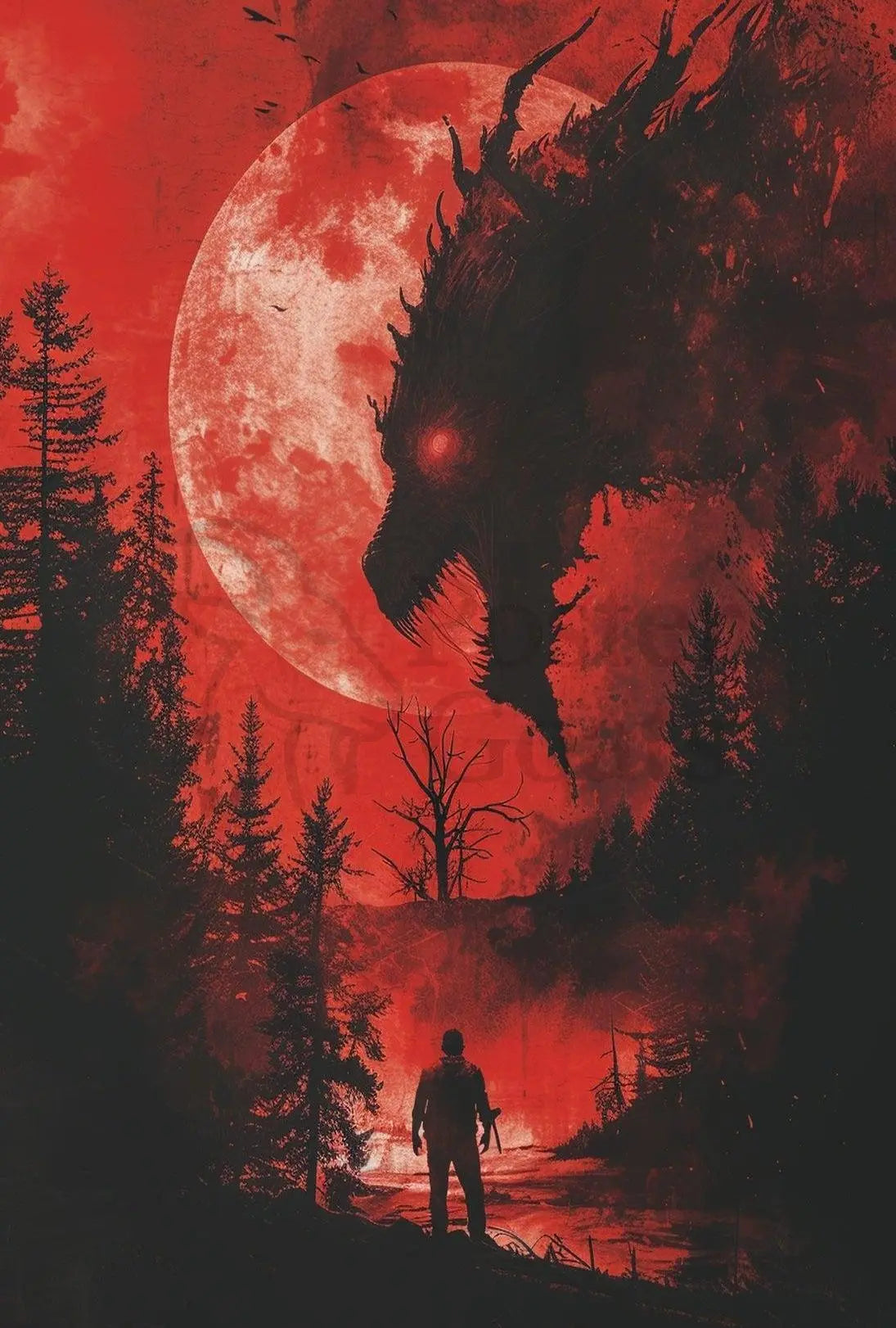 Dramatic Confrontation Under Red Moon Futuristic Sci-Fi Poster PosterGoat