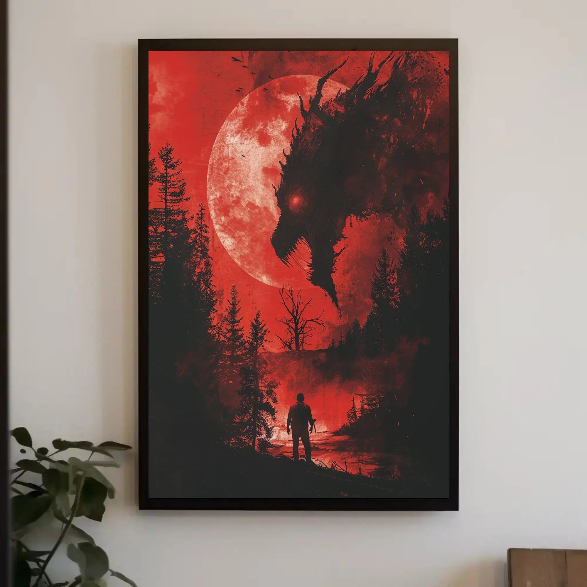 Dramatic Confrontation Under Red Moon Futuristic Sci-Fi Poster PosterGoat
