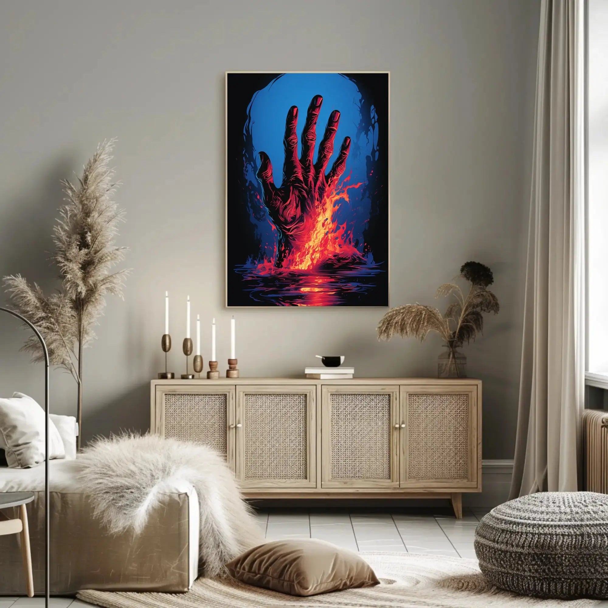 Dramatic Hand Of Fire Artistic Pop Culture Poster PosterGoat