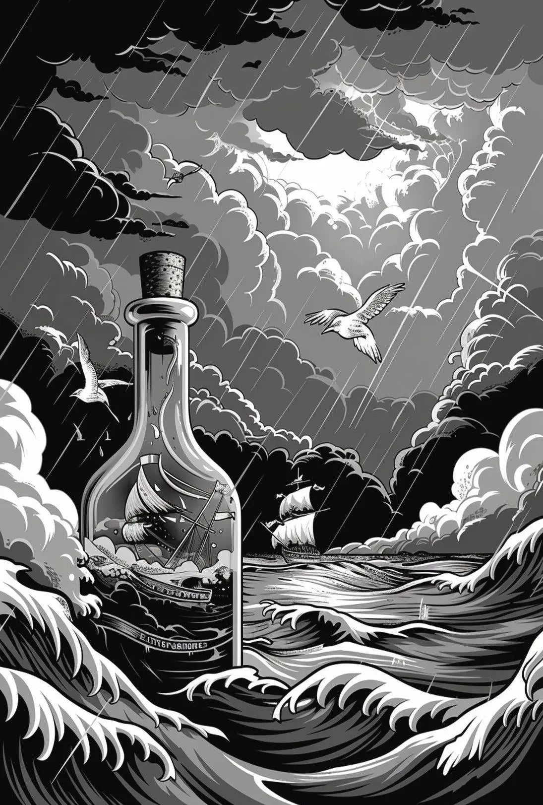 Dramatic Stormy Sea Ship-in-Bottle Artistic Poster PosterGoat