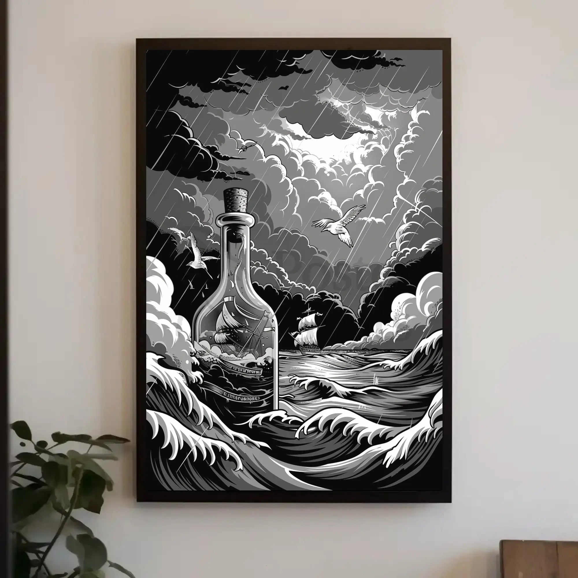 Dramatic Stormy Sea Ship-in-Bottle Artistic Poster PosterGoat