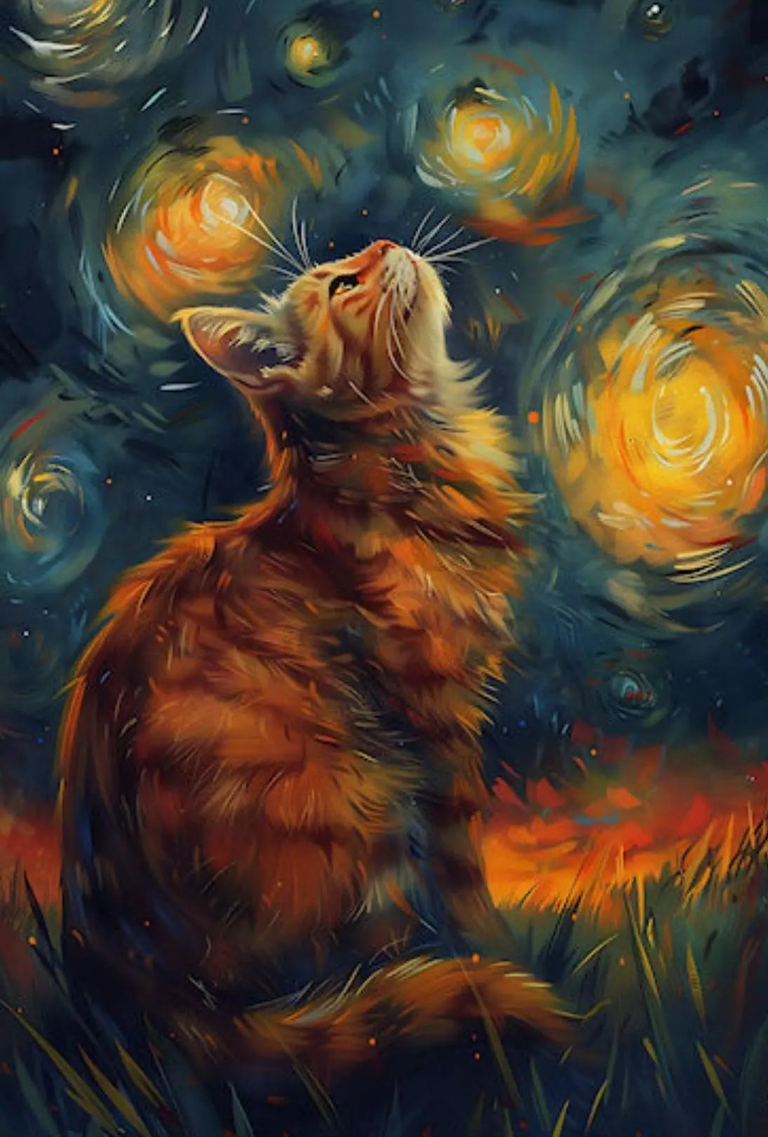 Dreamy Cat Under Van Gogh's Sky Artistic Poster PosterGoat