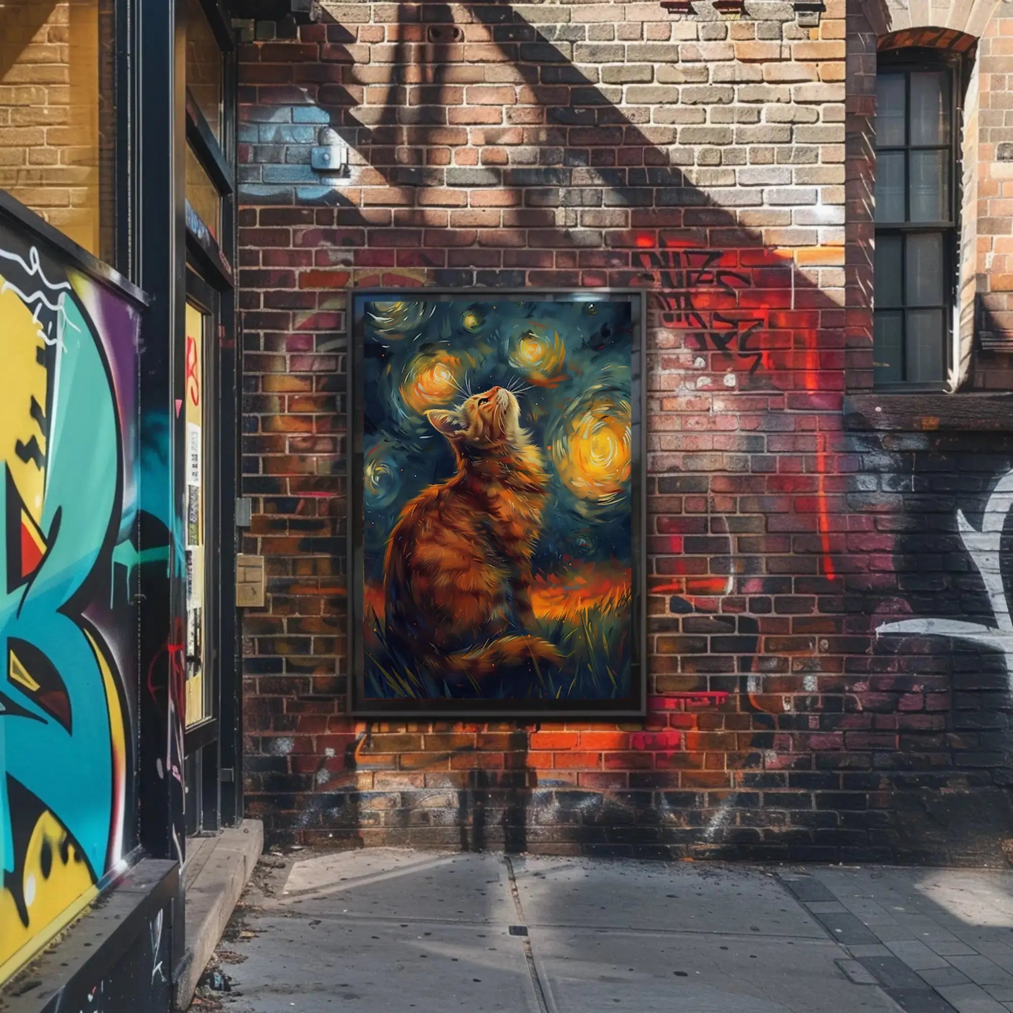 Dreamy Cat Under Van Gogh's Sky Artistic Poster PosterGoat
