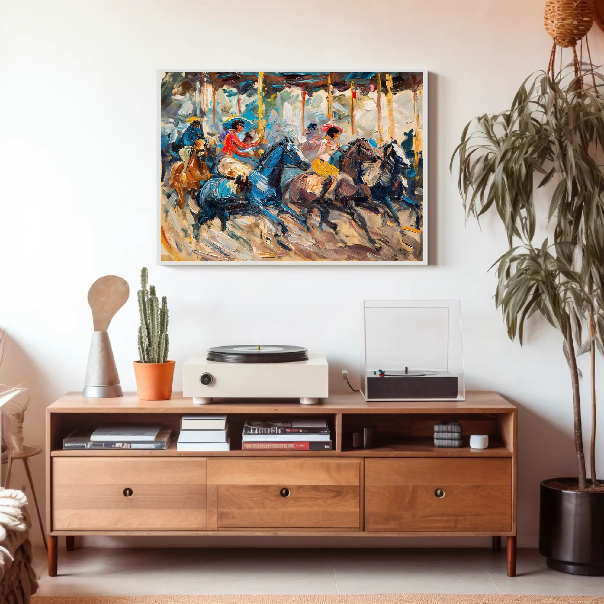 Dynamic Horseback Riders in Impressionistic Artistic Poster PosterGoat