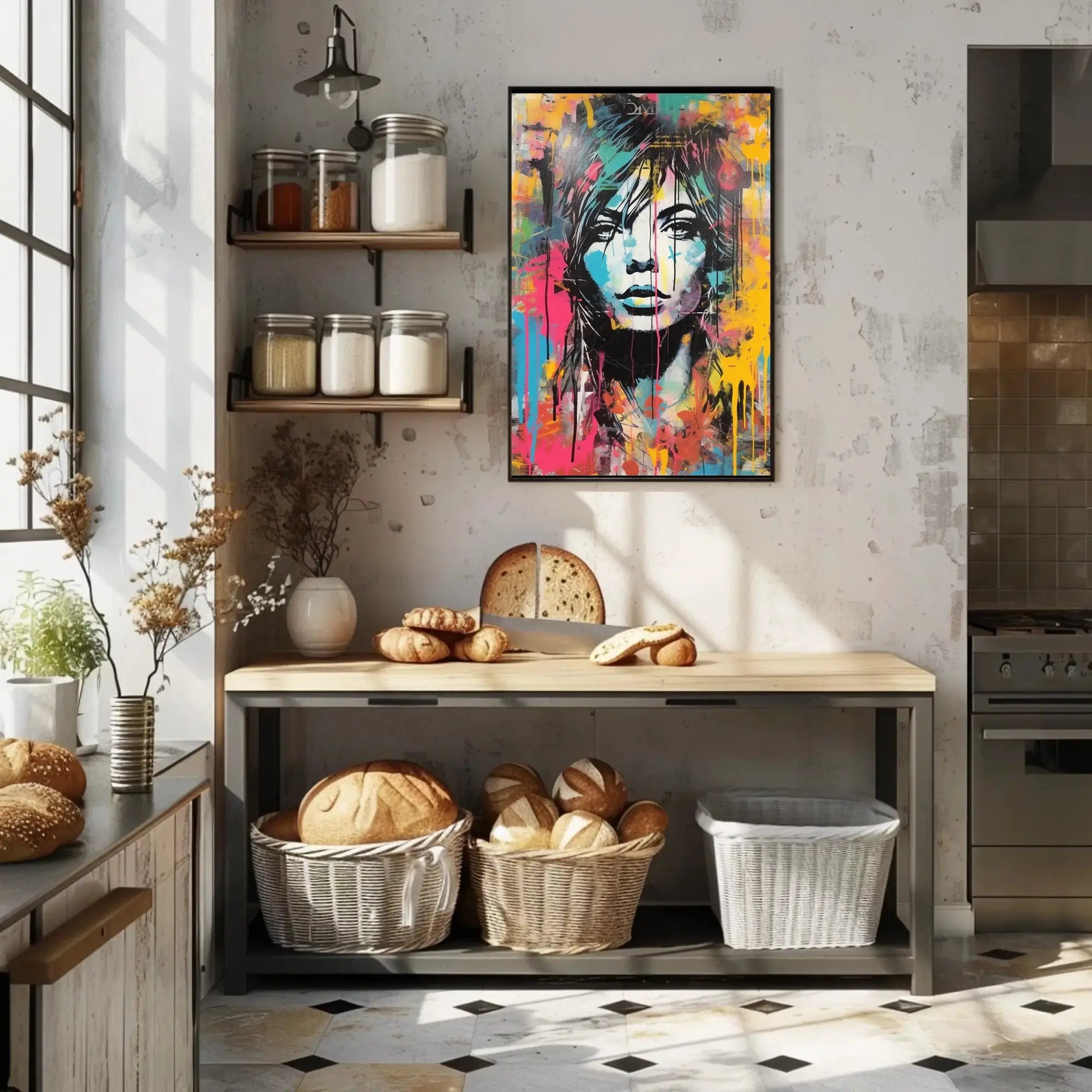 Dynamic Urban Portrait in Vibrant Colors Artistic Poster PosterGoat