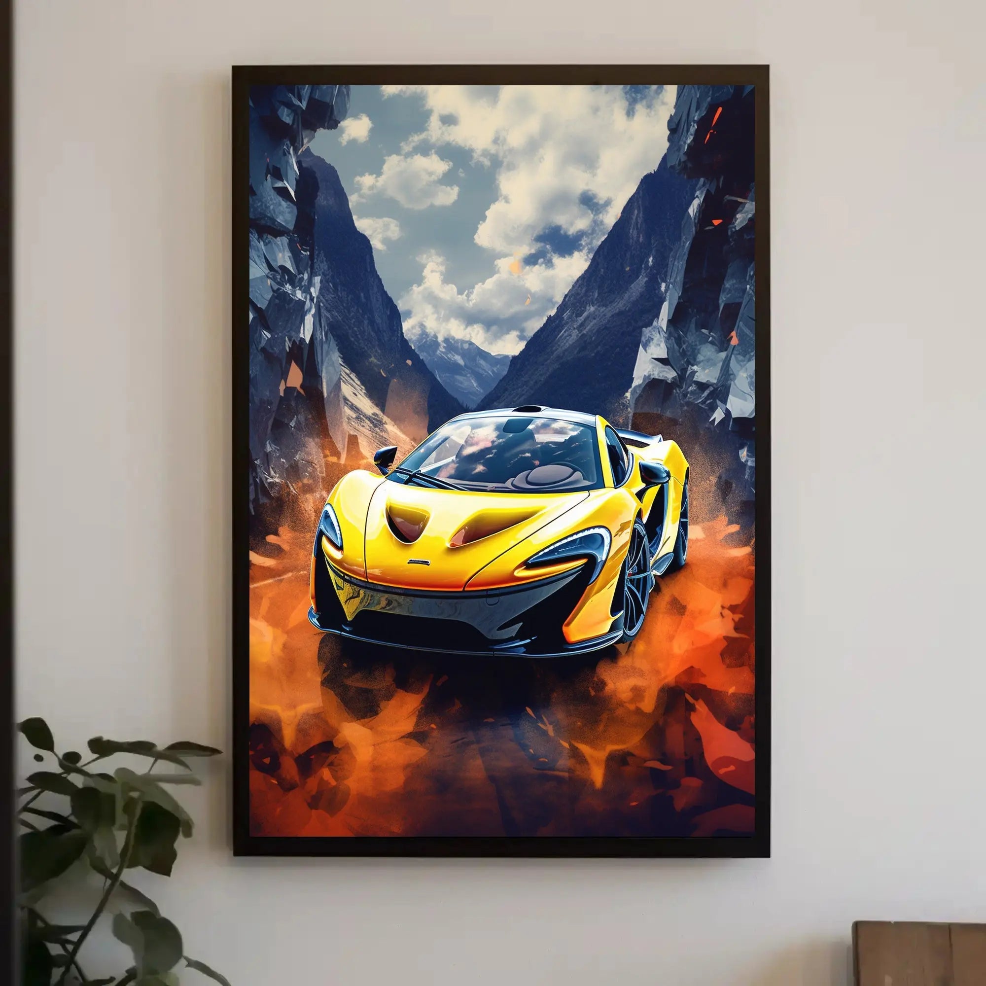Dynamic Yellow Sports Car in Vibrant Futuristic Sci-Fi Poster PosterGoat