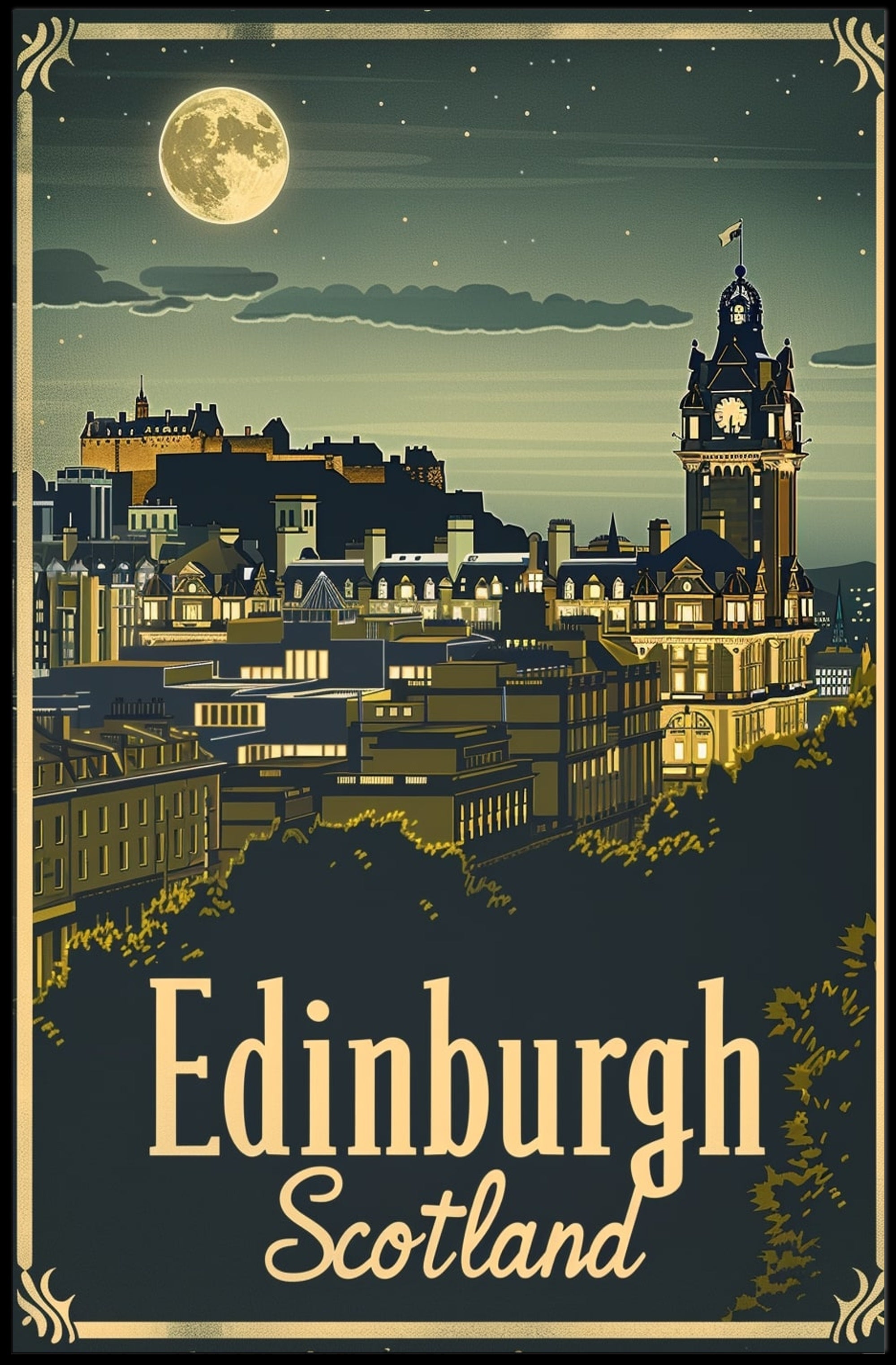Edinburgh Nightscape Vintage Travel Poster PosterGoat
