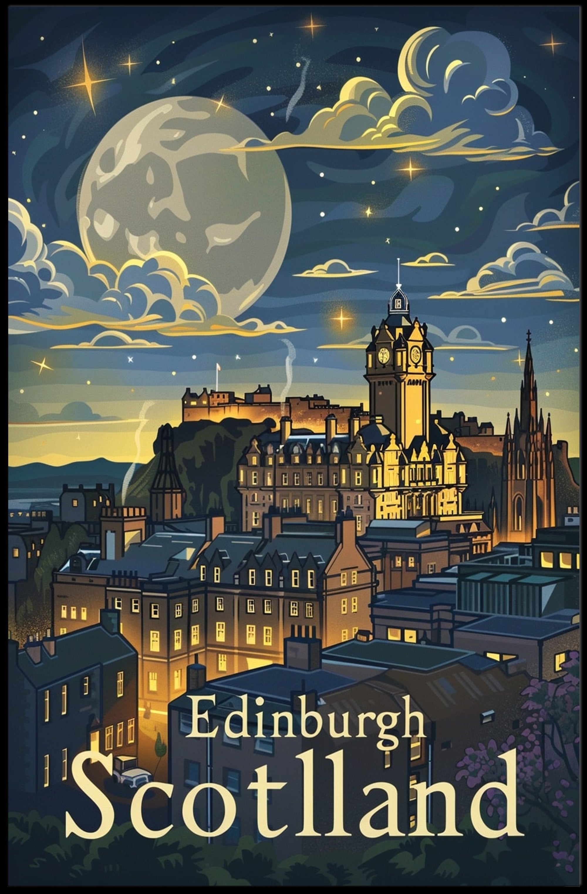 Edinburgh Under Starry Night Modern Urban Cityscape Poster PosterGoat