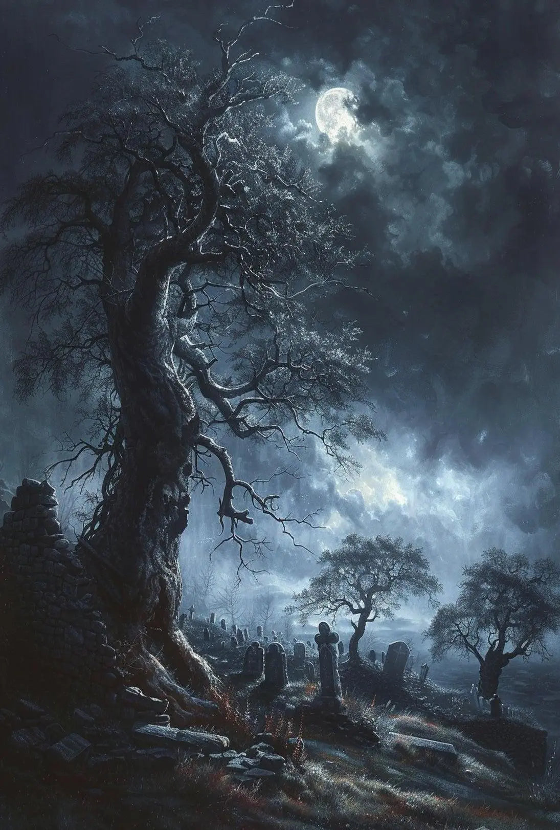 Eerie Moonlit Graveyard Scene Gothic Horror Artistic Poster PosterGoat