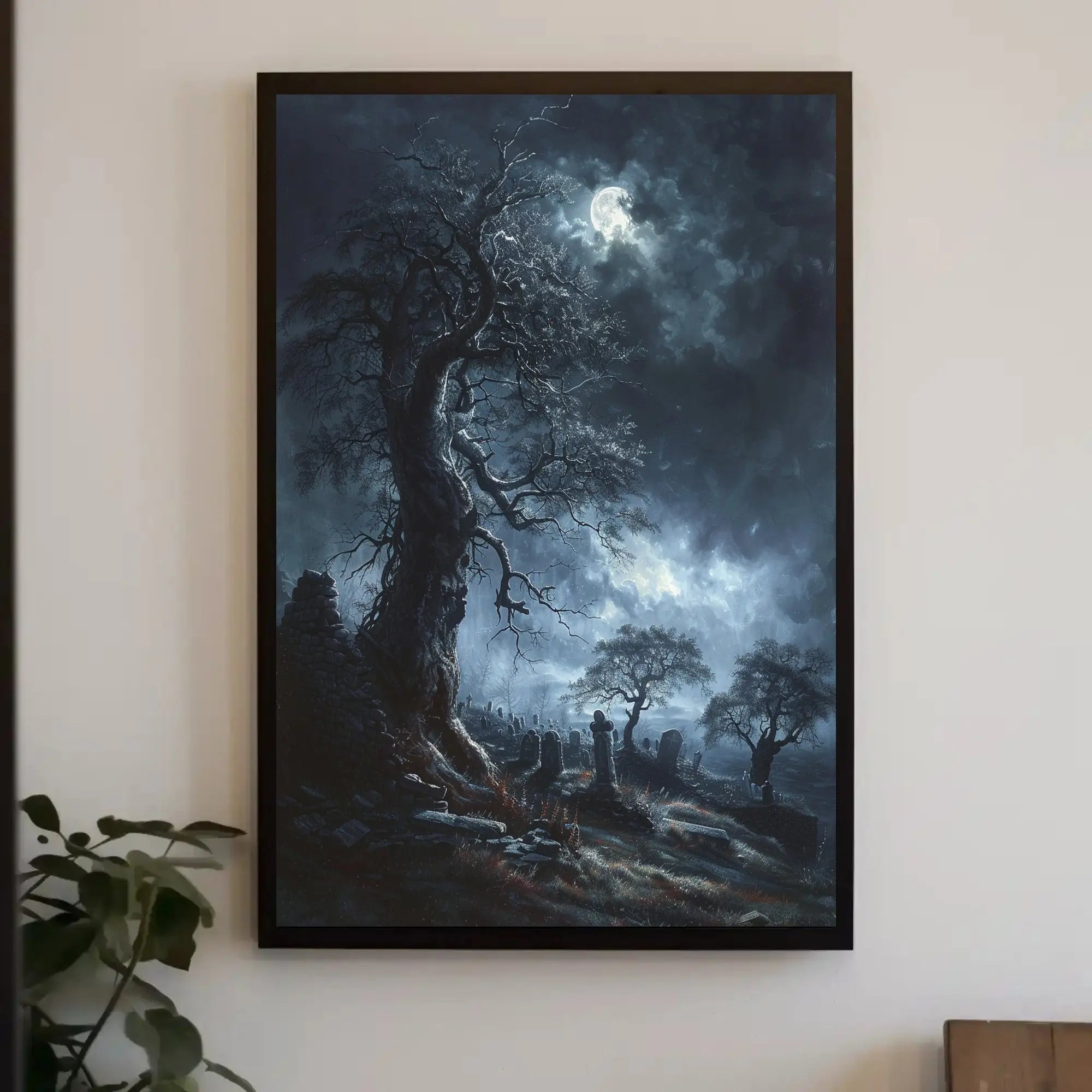 Eerie Moonlit Graveyard Scene Gothic Horror Artistic Poster PosterGoat