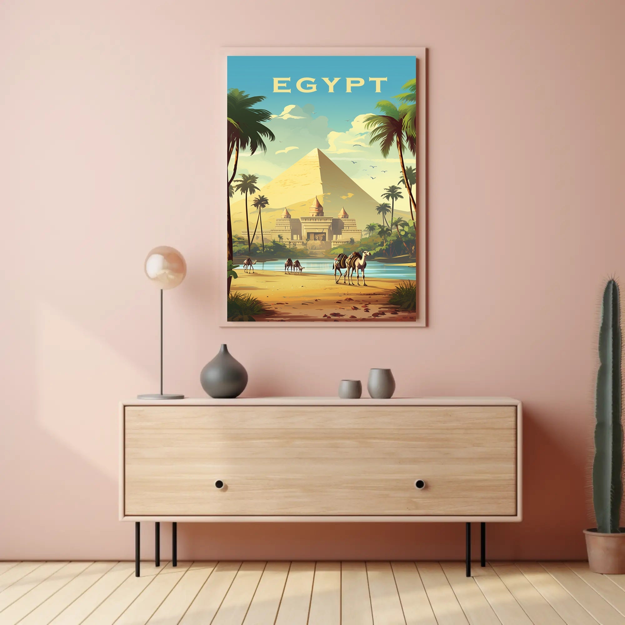 Egyptian Pyramids and Caravan Travel Poster PosterGoat