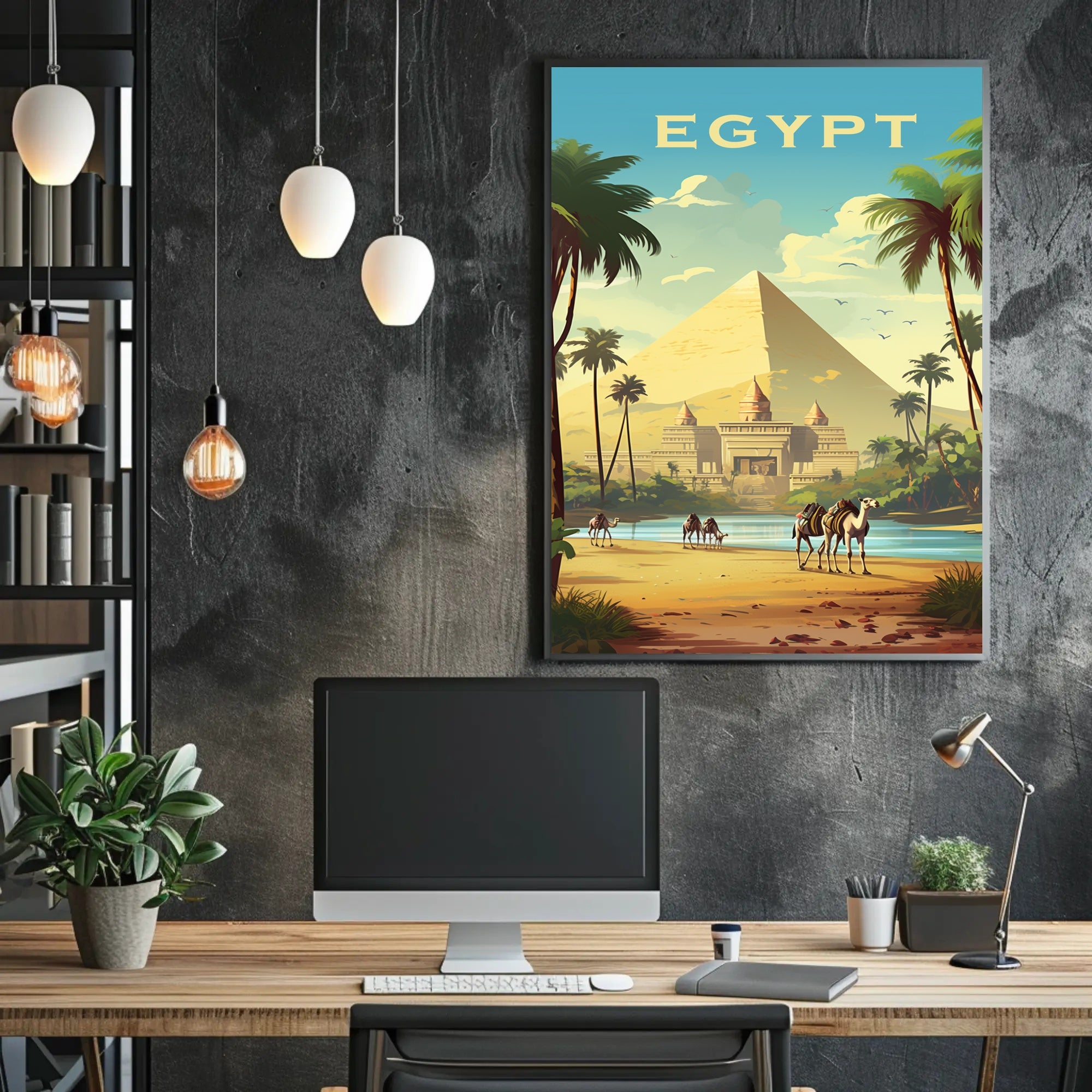 Egyptian Pyramids and Caravan Travel Poster PosterGoat