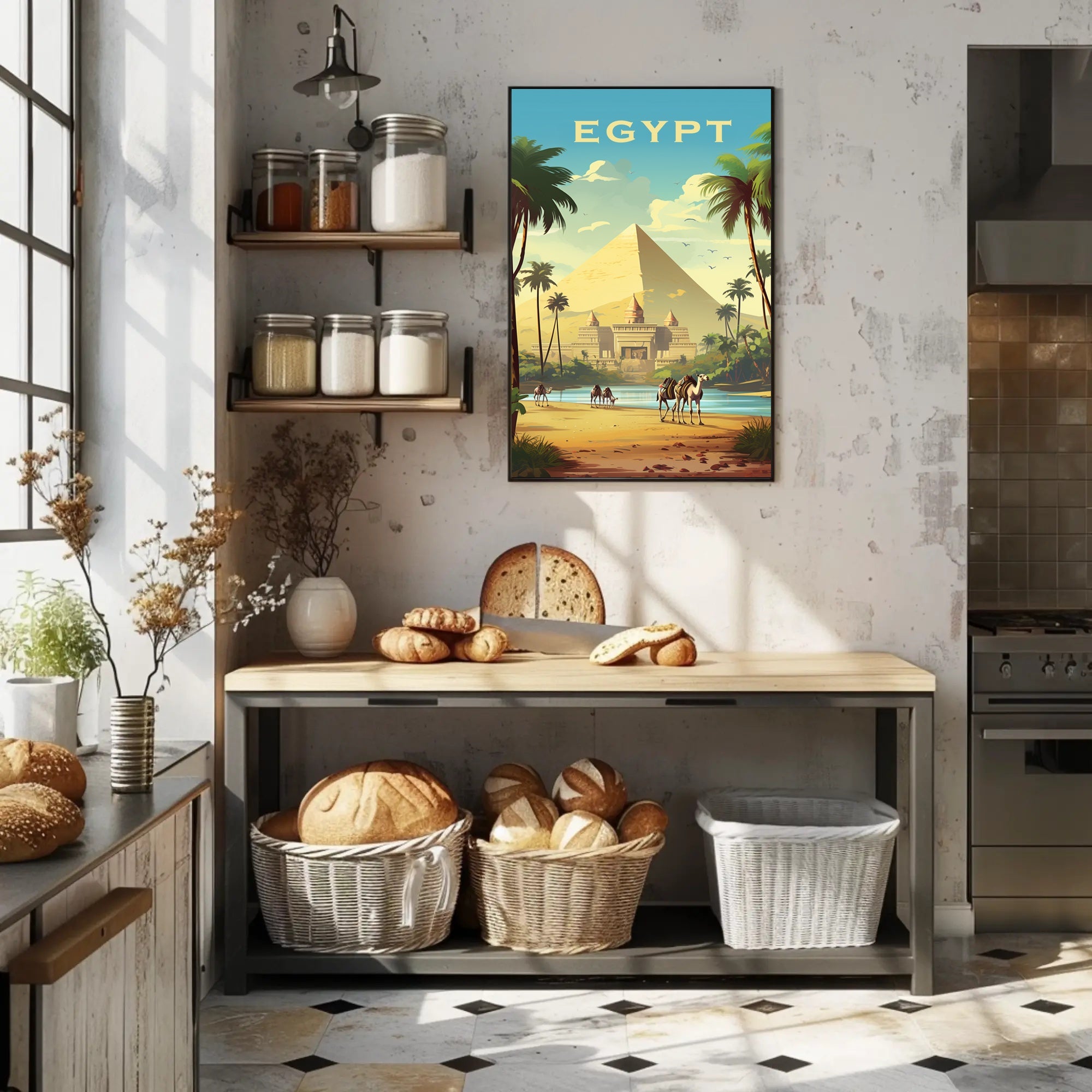 Egyptian Pyramids and Caravan Travel Poster PosterGoat