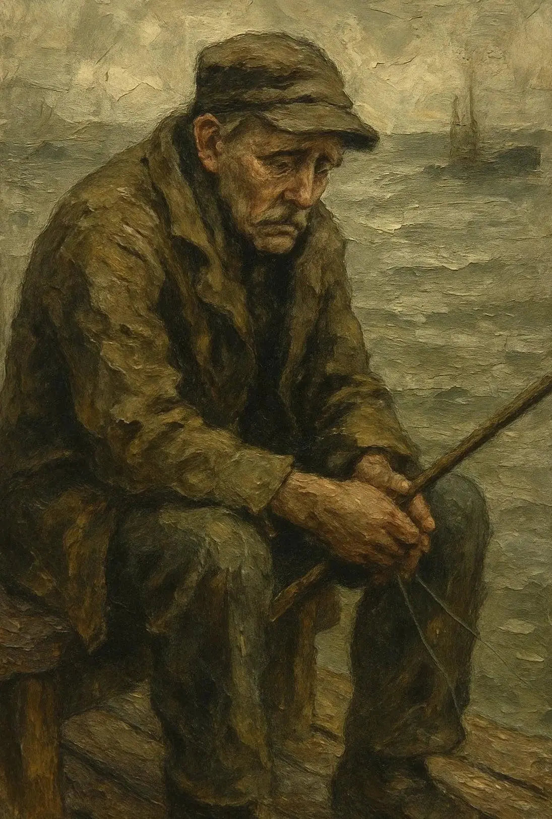 Elderly Fisherman Solitude, Contemplative Realism Artistic Poster PosterGoat