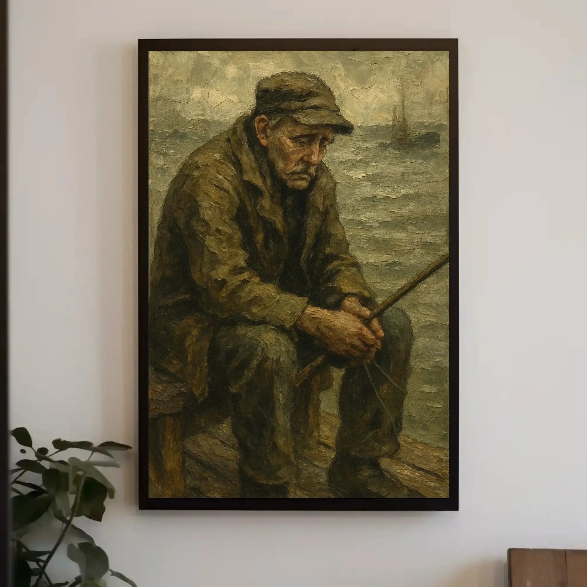 Elderly Fisherman Solitude, Contemplative Realism Artistic Poster PosterGoat