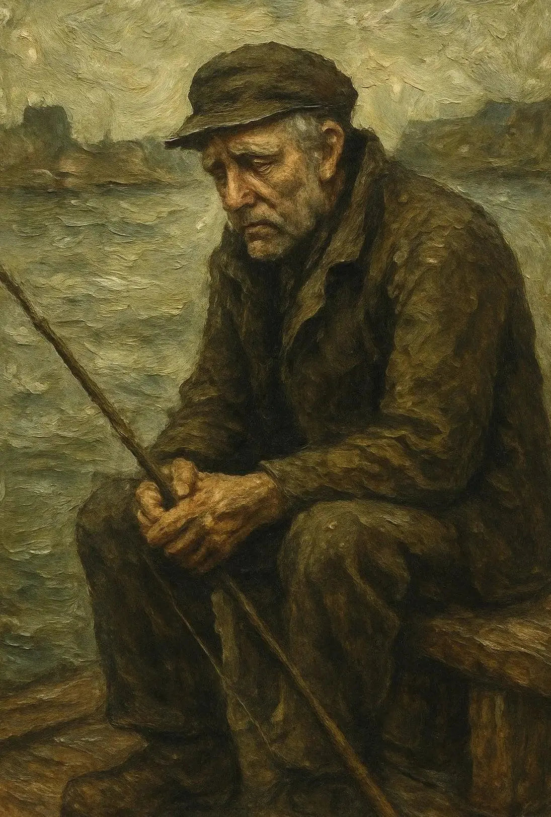 Elderly Fisherman's Contemplative Solitude Artistic Poster PosterGoat