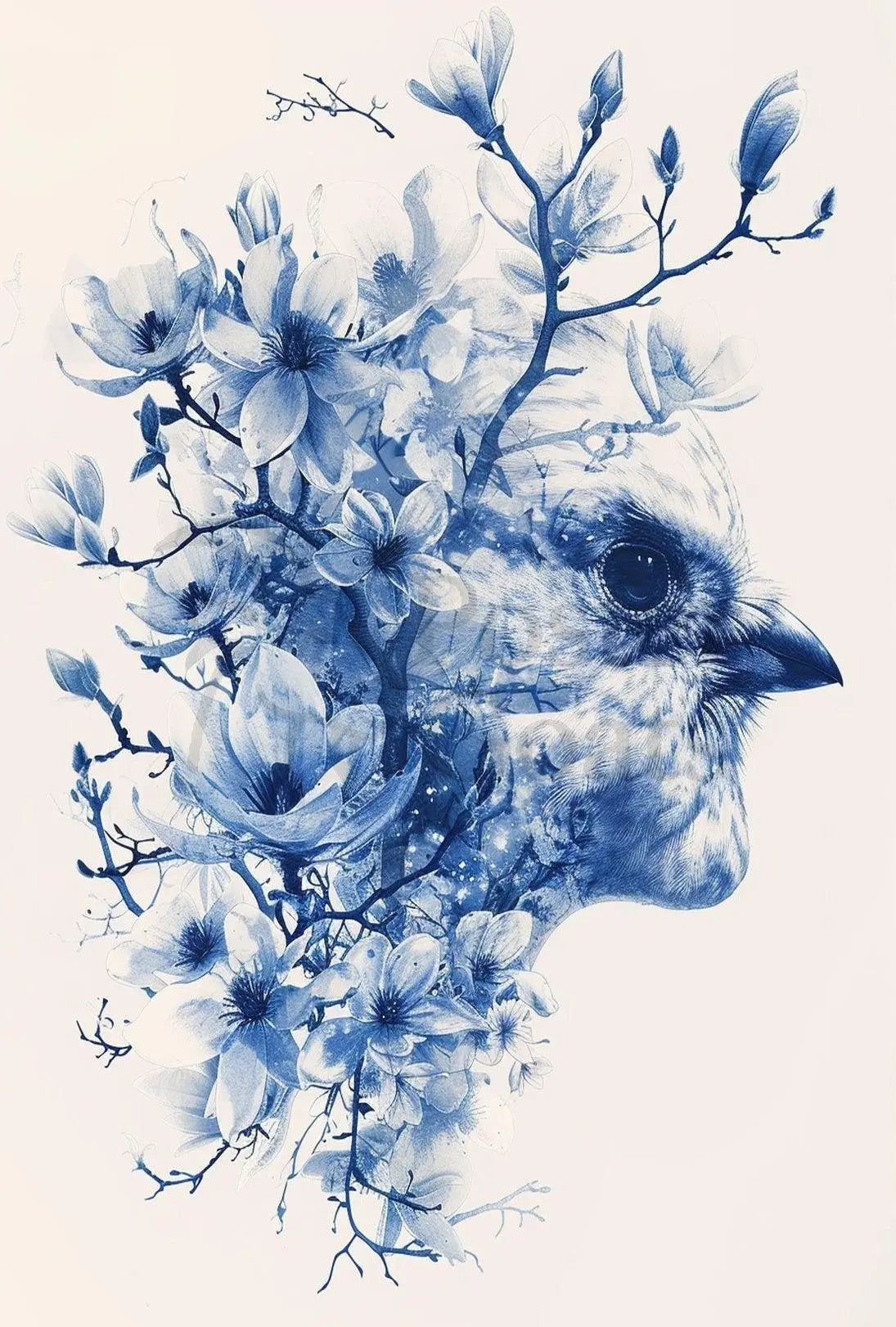 Elegant Blue Sparrow and Blossoms Artistic Poster PosterGoat